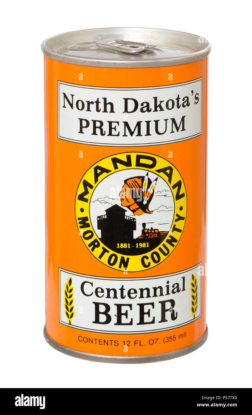 Beer can commemorating Mandan and Morton County North Dakota's 1981 centennial celebration.  The beer was brewed by the August Schell Brewing Company. Stock Photo