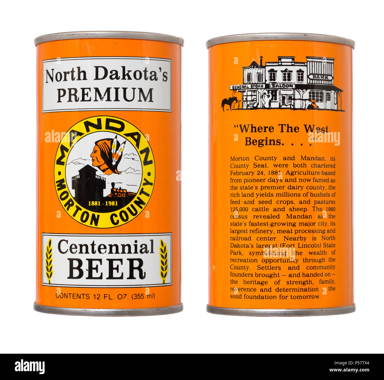 The front and back of a beer can commemorating Mandan and Morton County, North Dakota's 1981 centennial celebration. Stock Photo