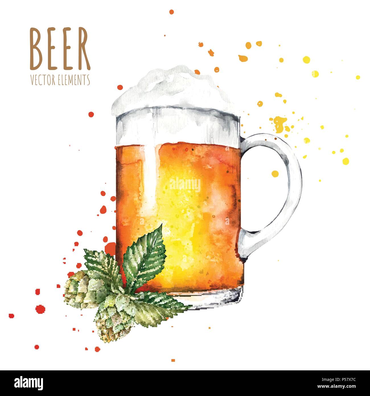 Watercolor elements on the theme of beer. Beer glass, hops, malt Stock
