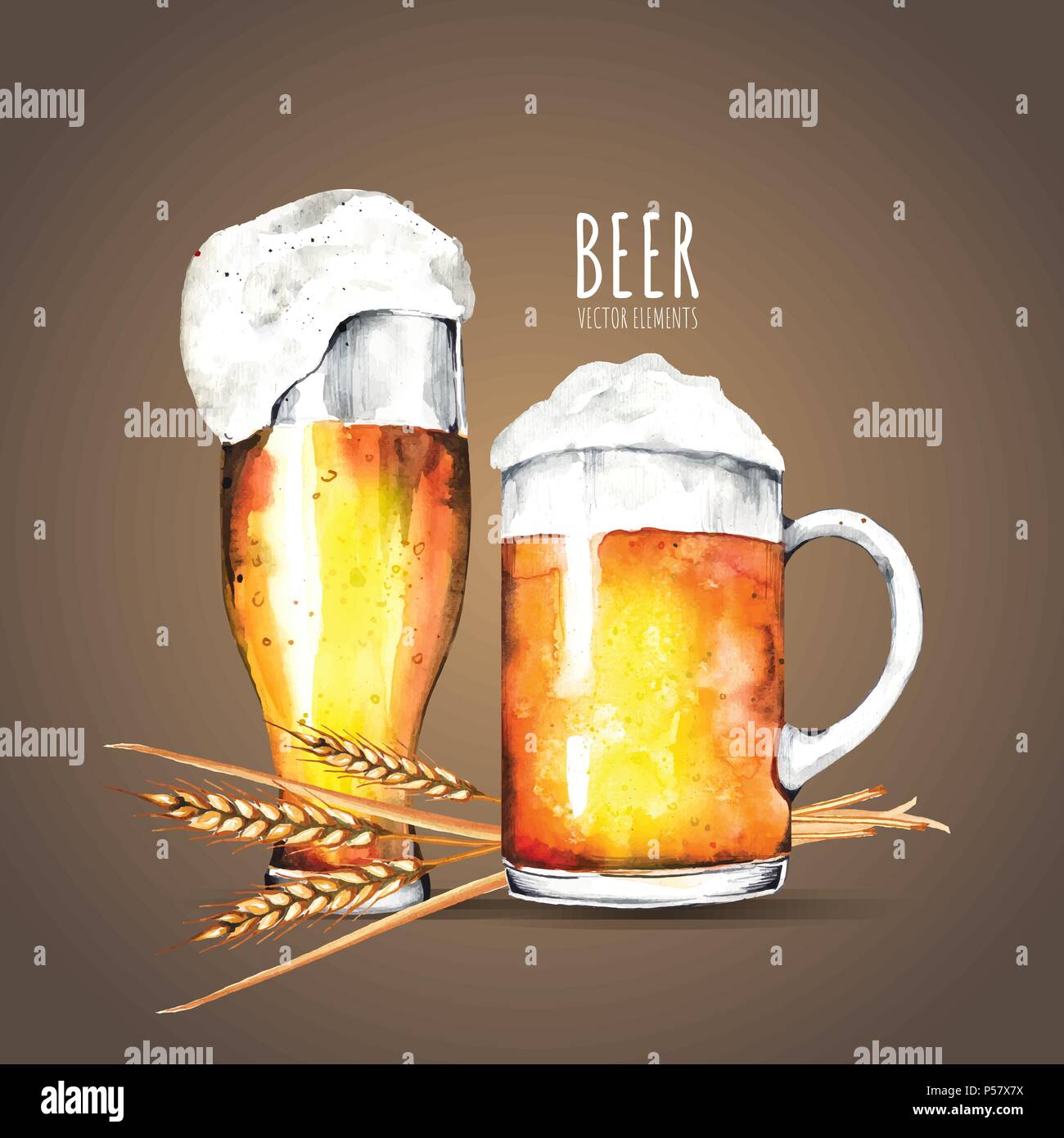 Watercolor elements on the theme of beer. Beer glass, hops, malt Stock