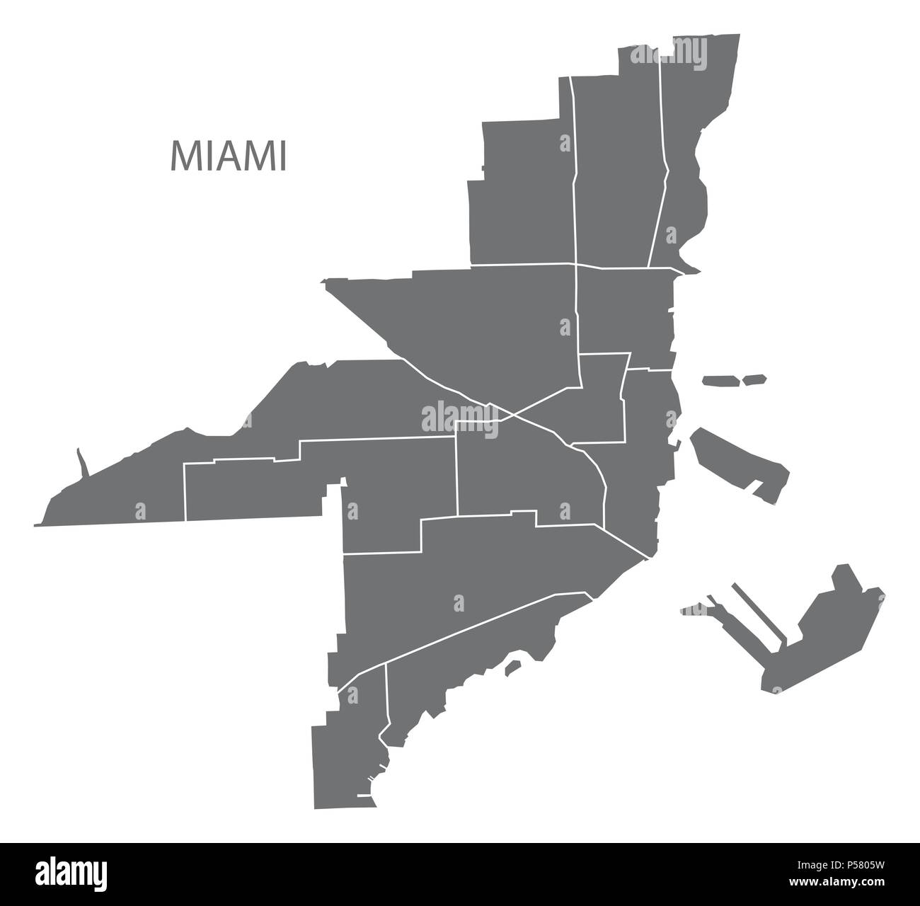 Miami Florida city map with neighborhoods - Miami Florida City Map With Neighborhoods Grey Illustration Silhouette Shape P5805W