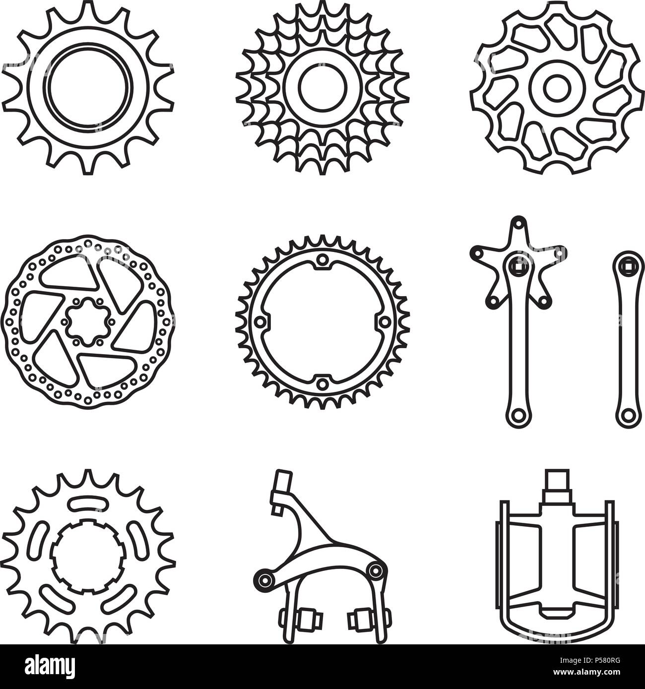 Set of bicycle parts for repair. Thin line vector Stock Vector