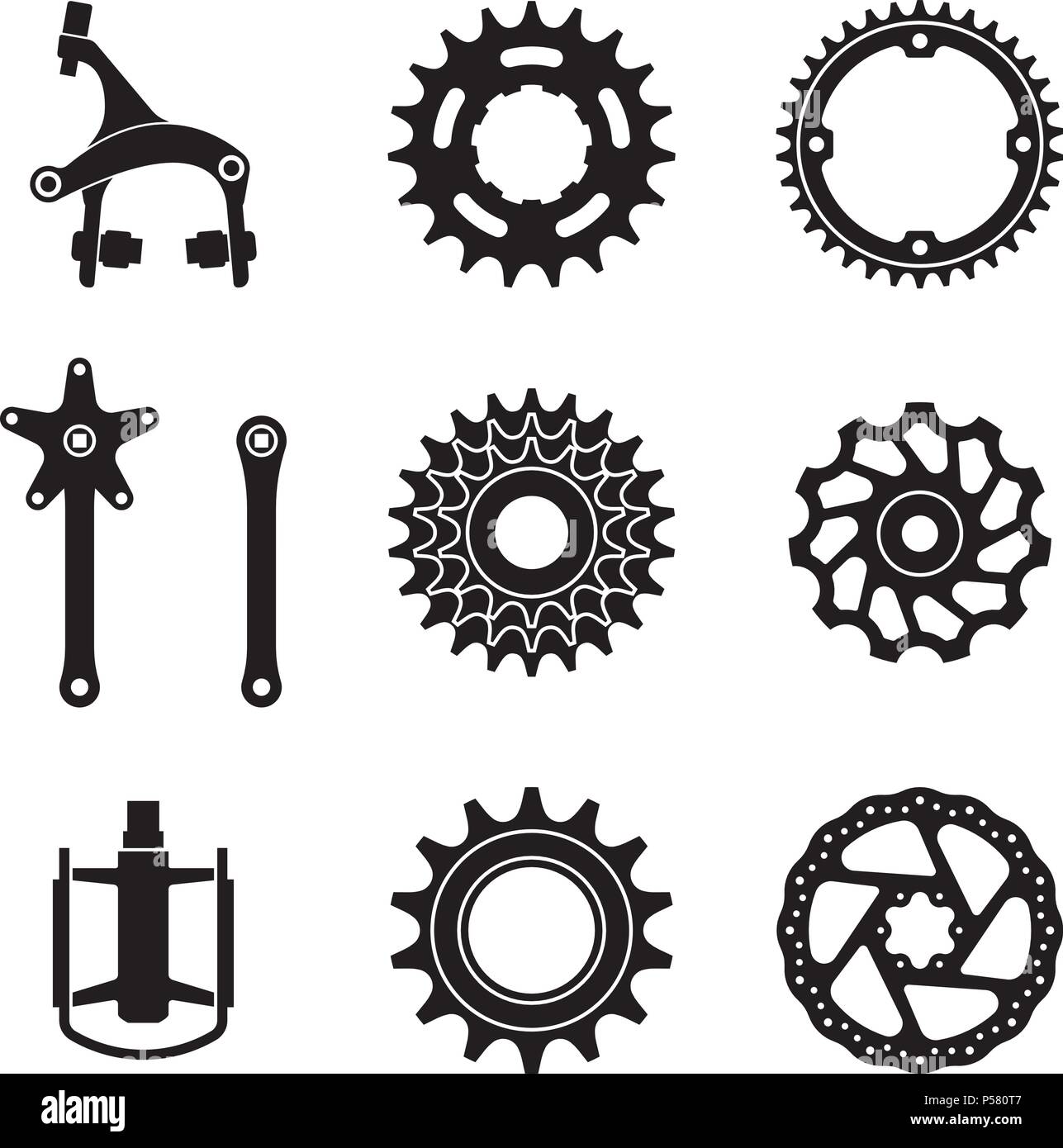 Set of bicycle parts for repair. Silhouette vector Stock Vector