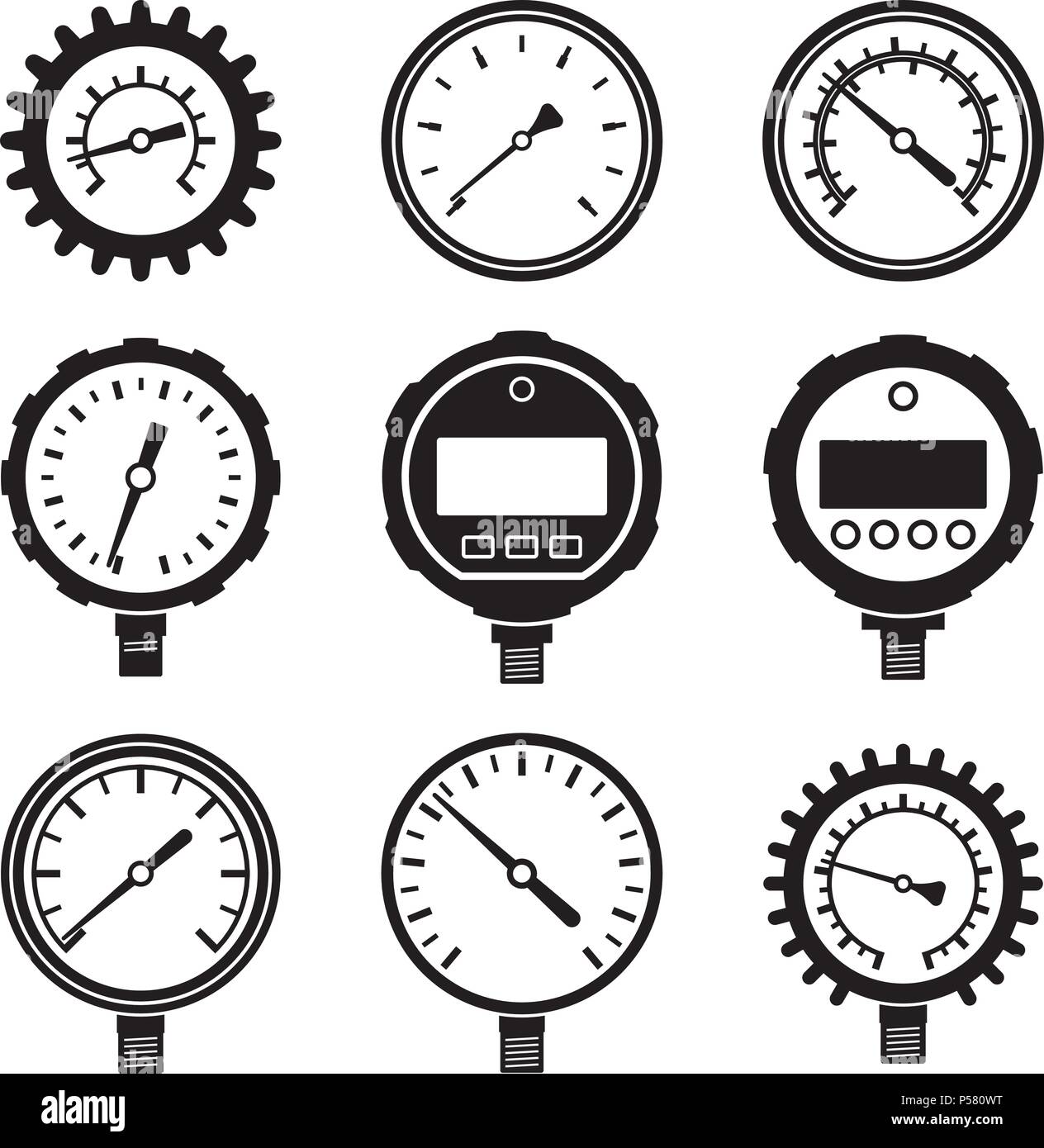 Collection of various types of pressure gauges Stock Vector