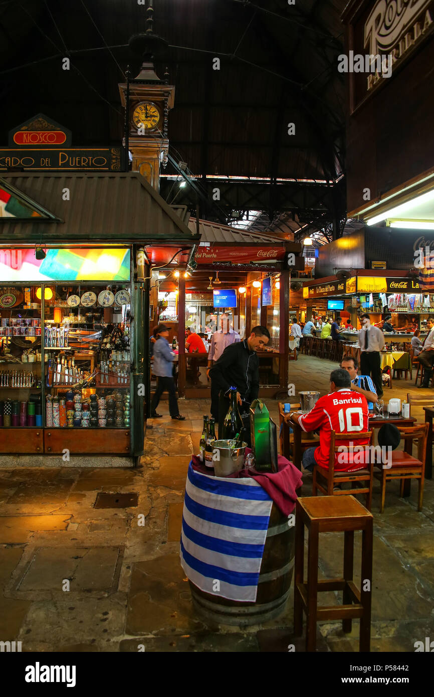 Interior of Port Market in Montevideo, Uruguay. It is the most popular place for parillas (barbeque) in the city. Stock Photo