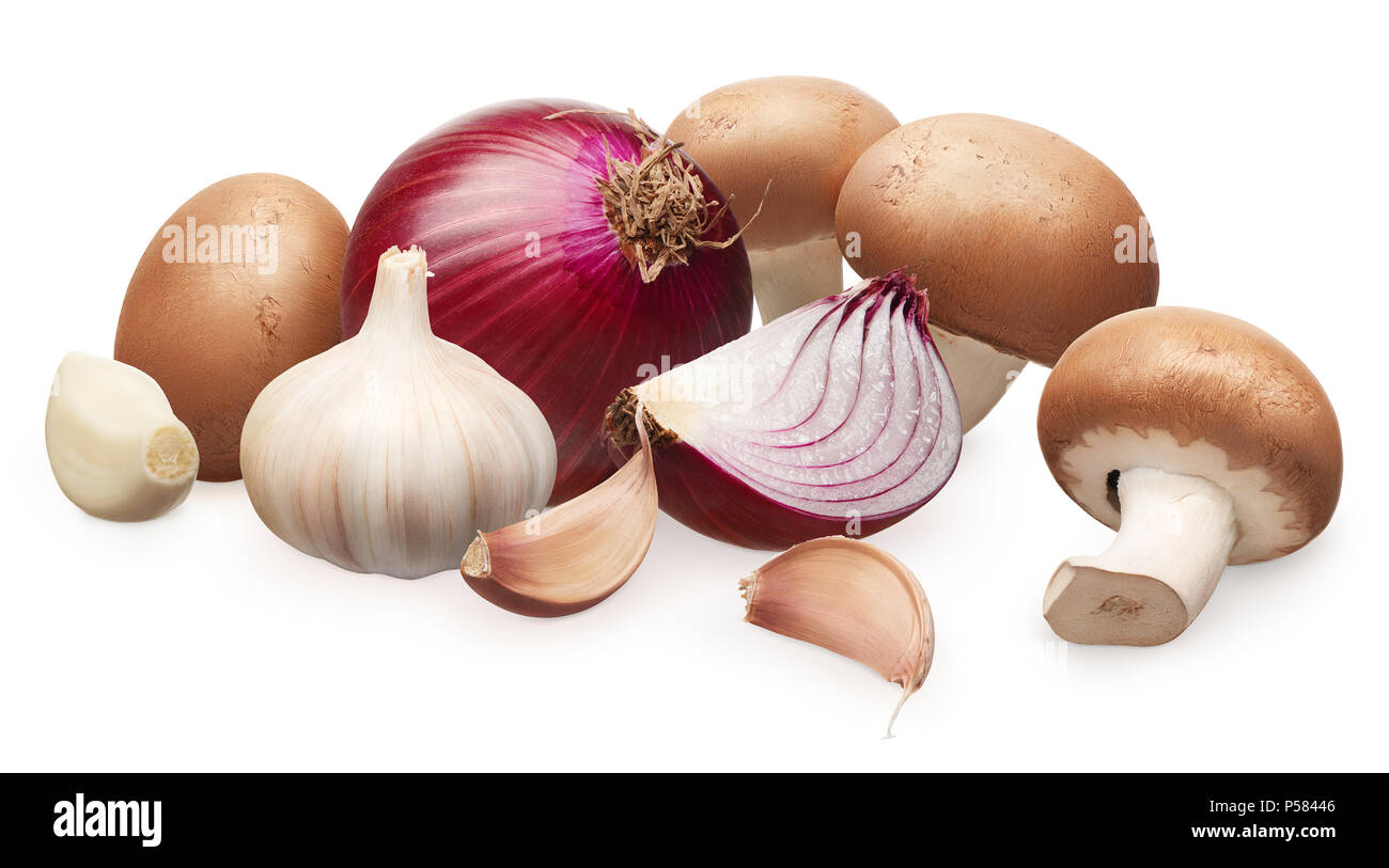 Whole fresh royal champignon mushrooms, unpeeled red onion with slice ...