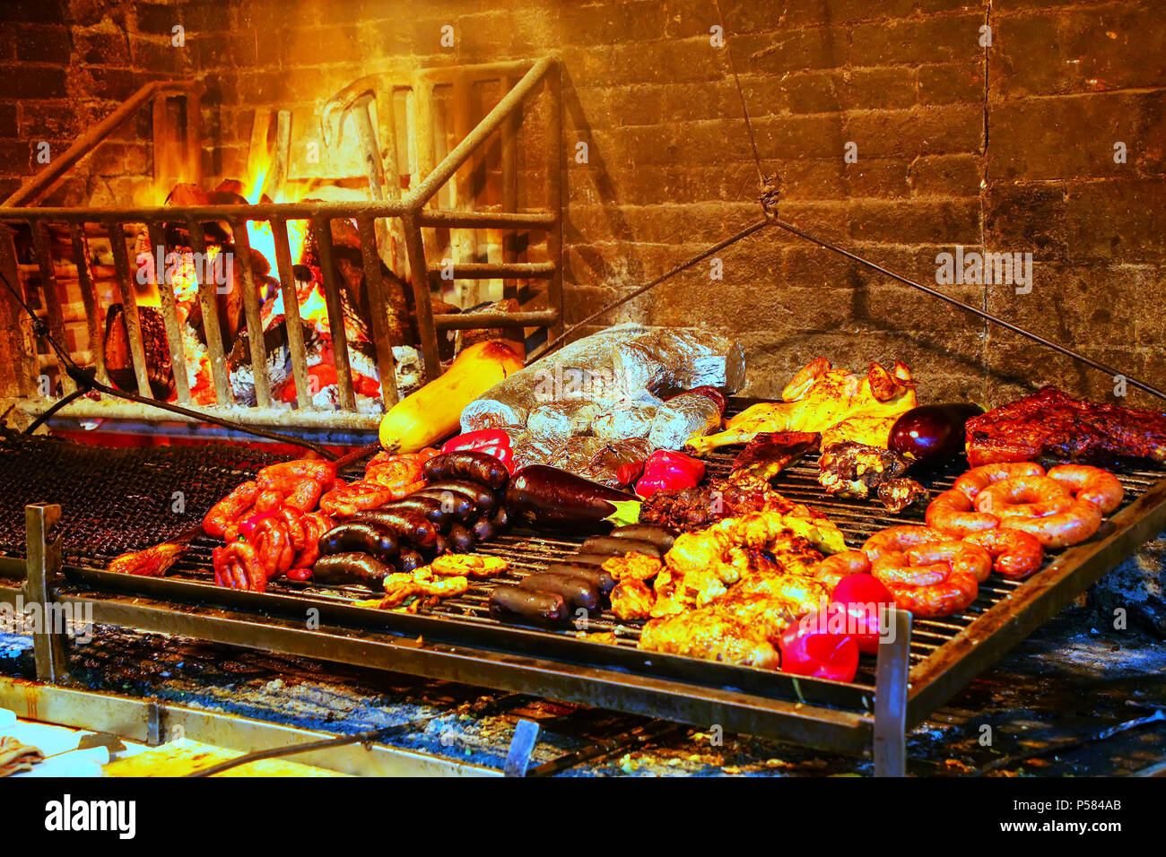 Display of meats in Port Market, Montevideo, Uruguay. It is the most popular place for parillas (barbeque) in the city. Stock Photo