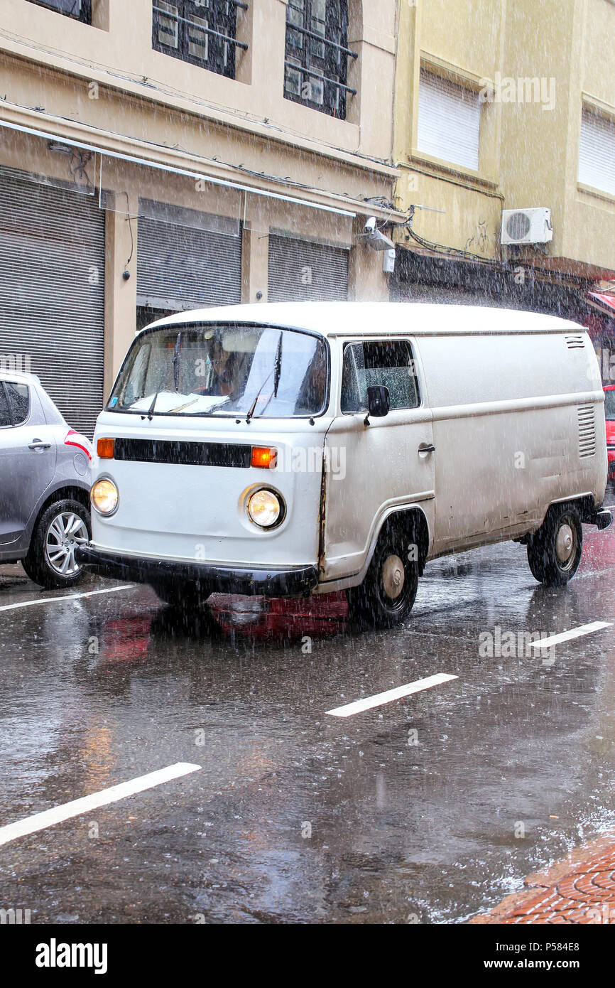 Heavy rain in the city center of Montevideo, Uruguay. Montevideo has a mild humid subtropical climate. Stock Photo