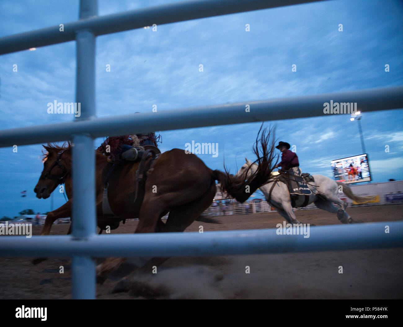 Riders in the Nebraskaland Days Rodeo in North Platte, NE on June 16, 2018. Stock Photo