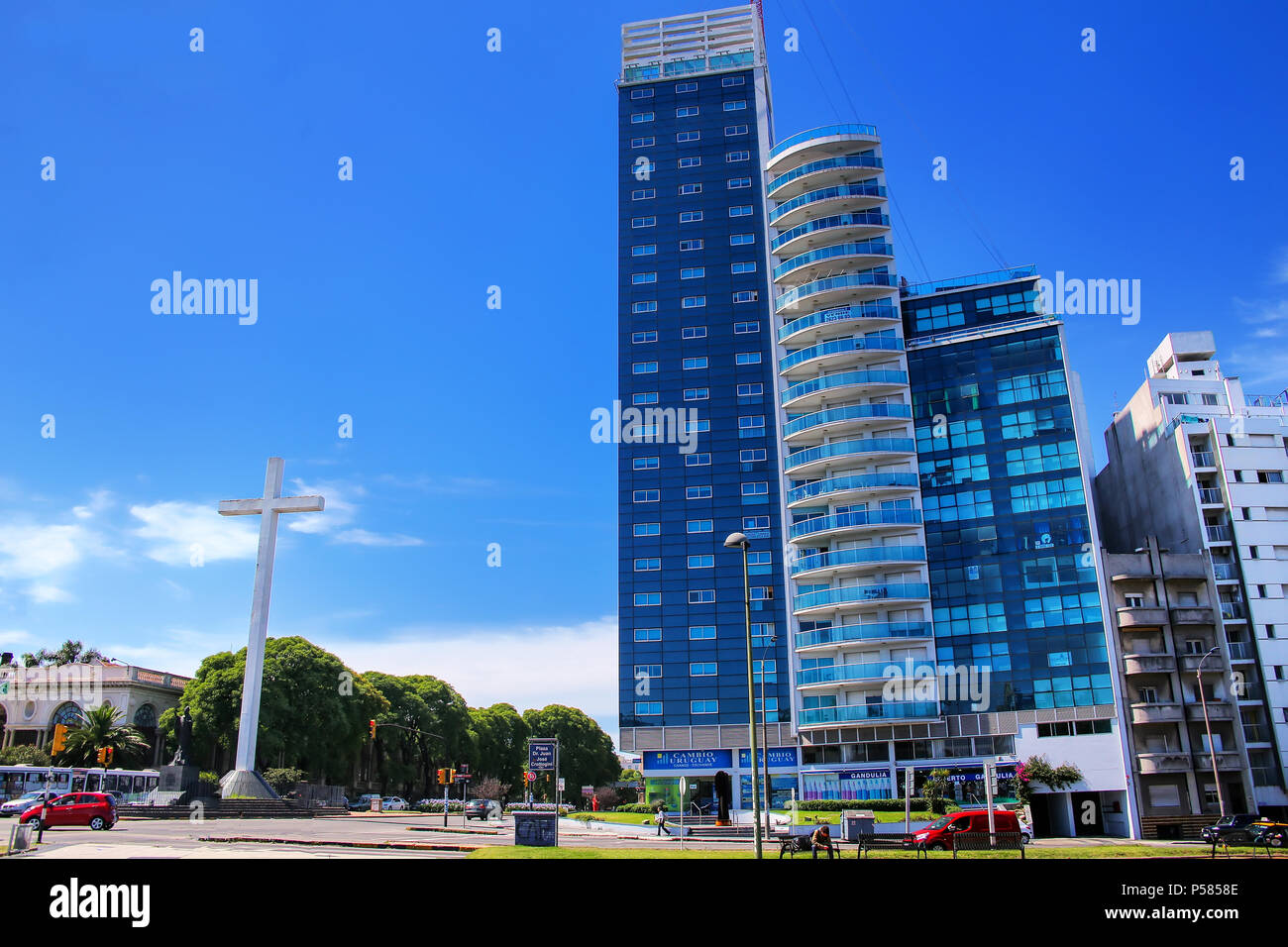 Tres Cruces district of Montevideo with Torre del Congreso, Uruguay. Montevideo is the capital and largest city of Uruguay. Stock Photo