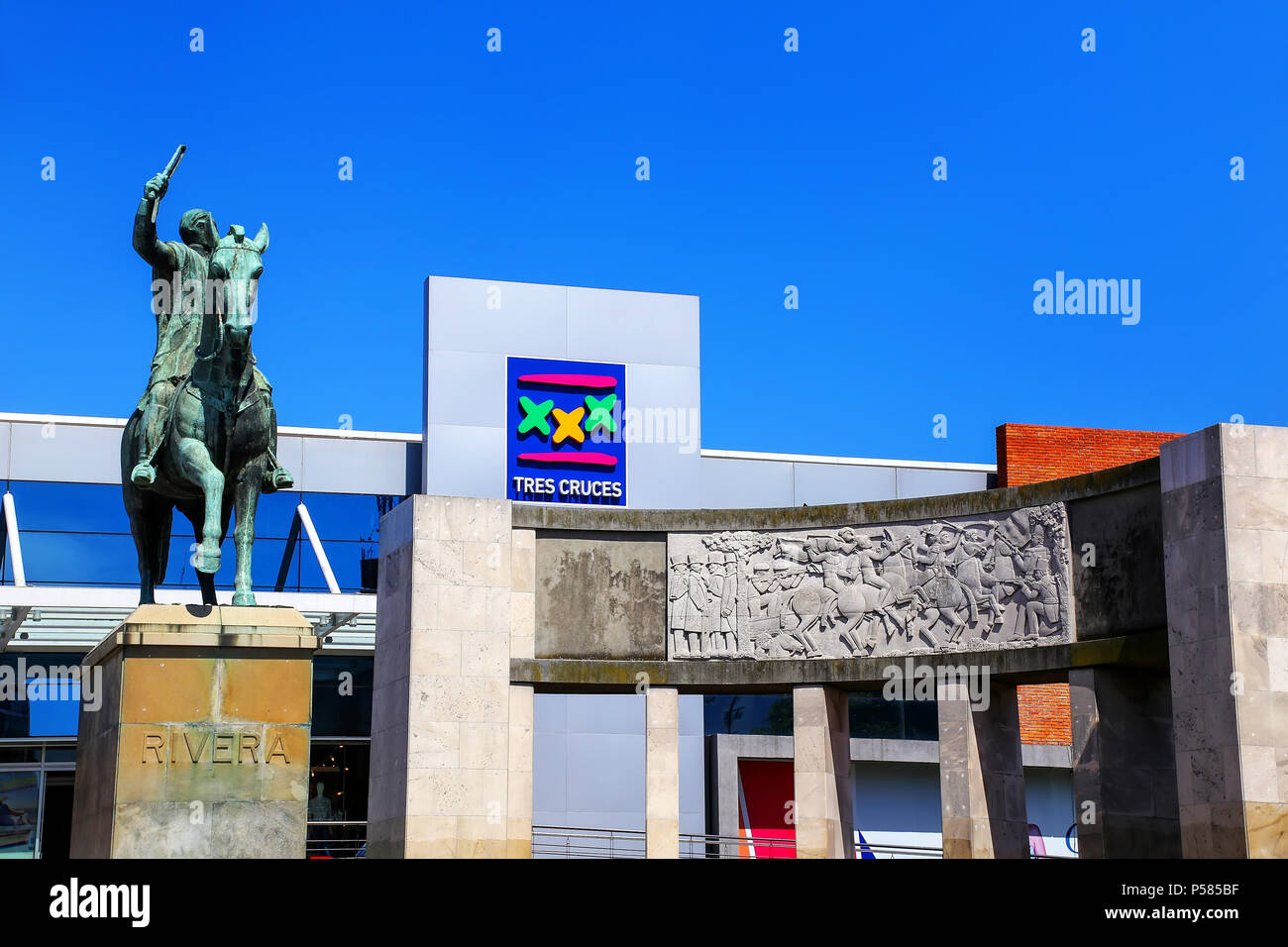 Tres Cruces bus terminal and statue of Fructuoso Rivera in Montevideo, Uruguay. Montevideo is the capital and largest city of Uruguay. Stock Photo