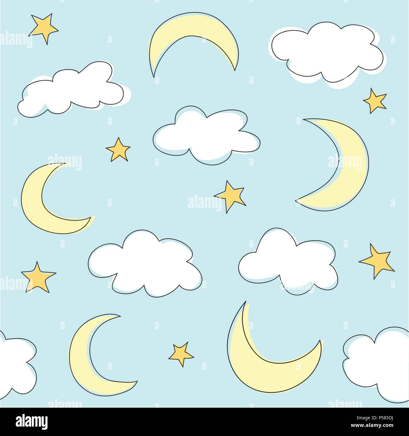 Sunny seamless baby pattern, Blue background with clouds, sunshine, the