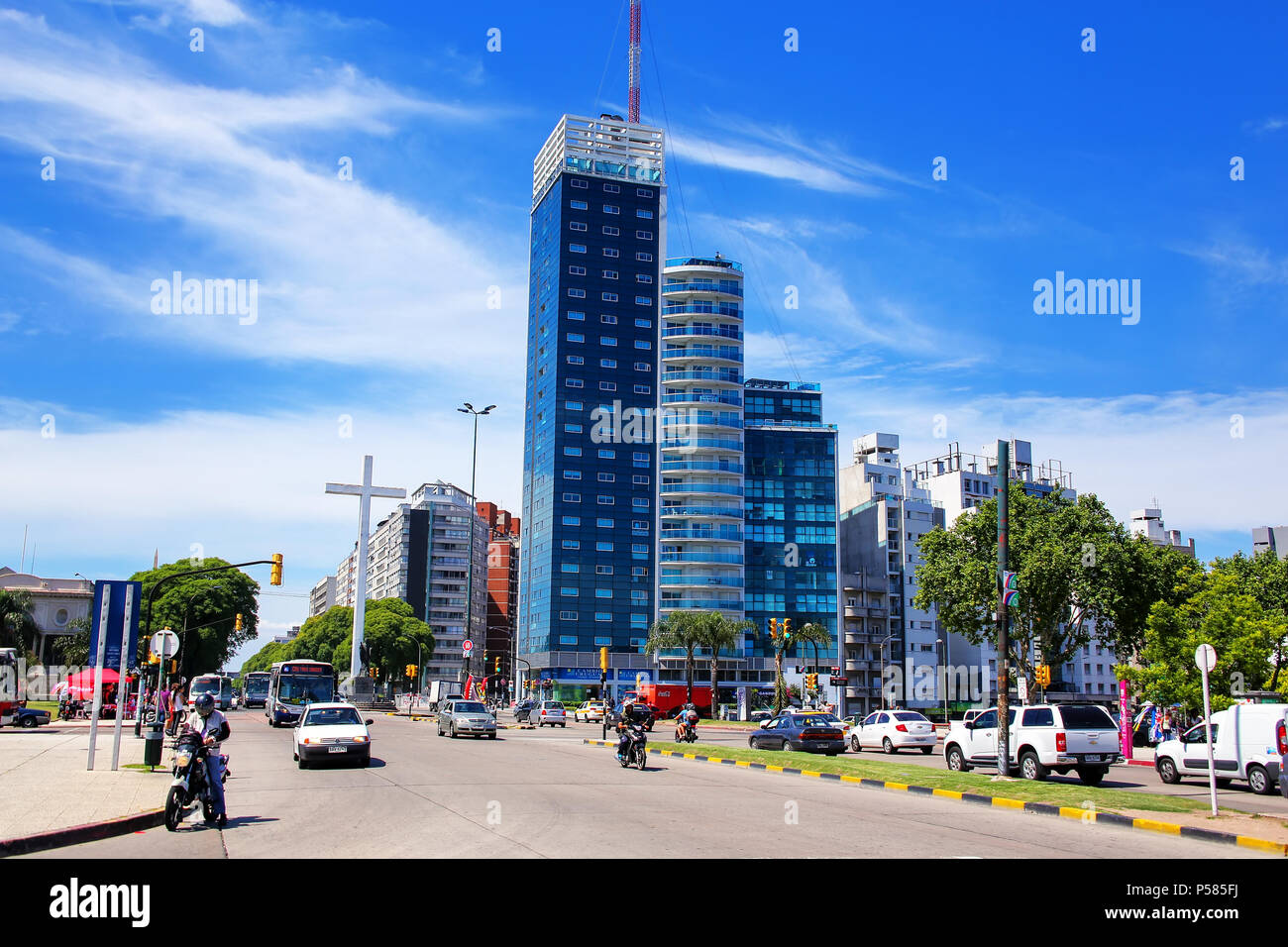 Tres Cruces district of Montevideo with Torre del Congreso, Uruguay. Montevideo is the capital and largest city of Uruguay. Stock Photo