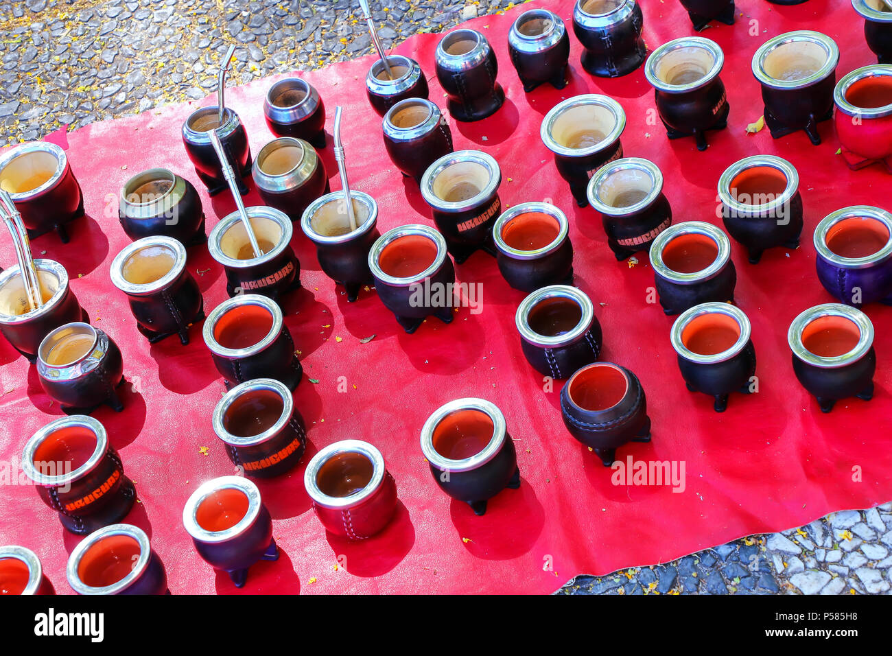 Display of mate cups at the street market in Montevideo, Uruguay. Mate is a traditional South American caffeine-rich infused drink Stock Photo
