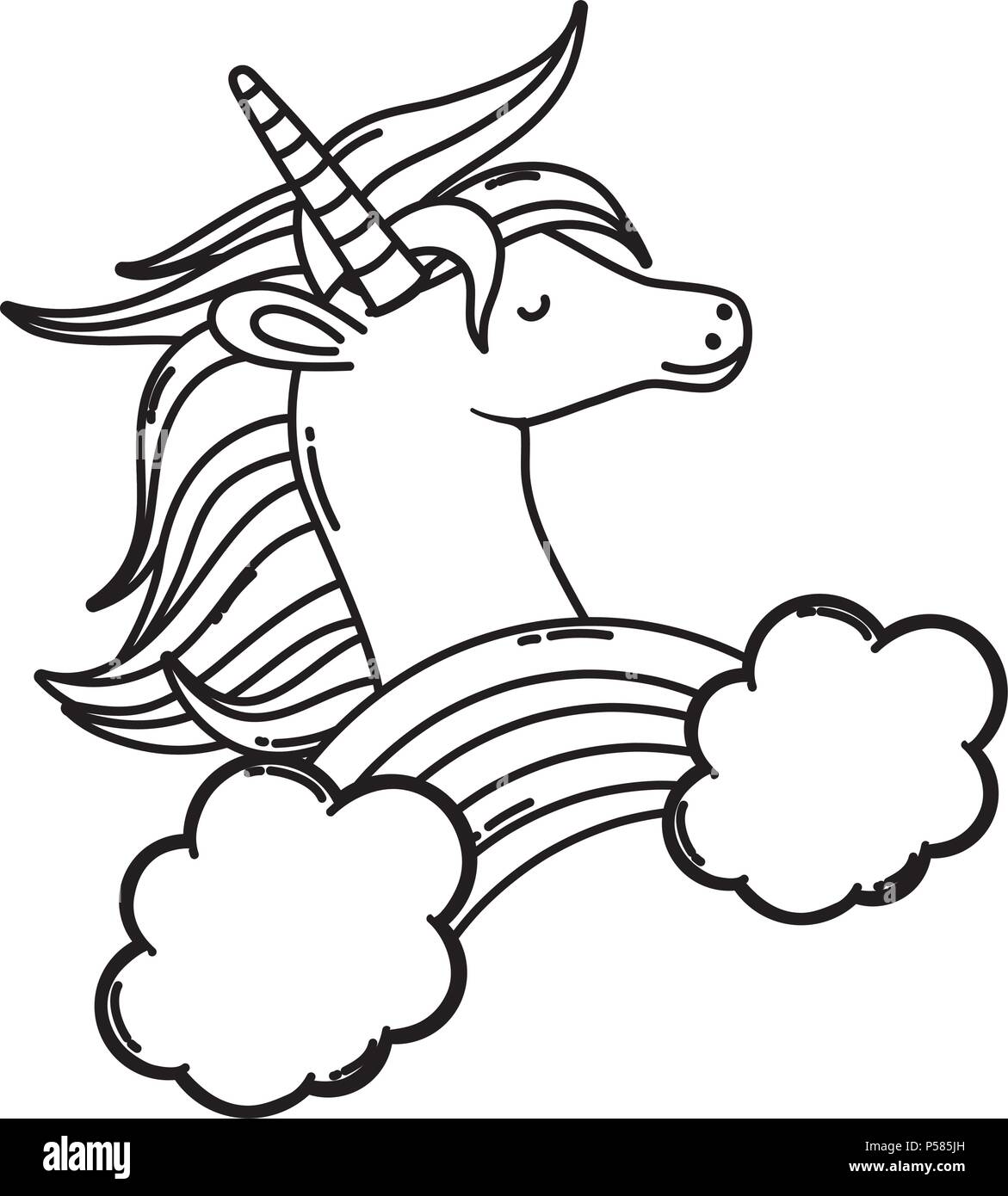 line cute unicorn head with rainbow and clouds vector illustration