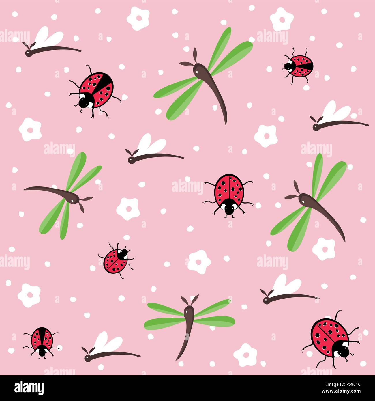dragonflies and ladybugs seamless floral pattern Stock Vector