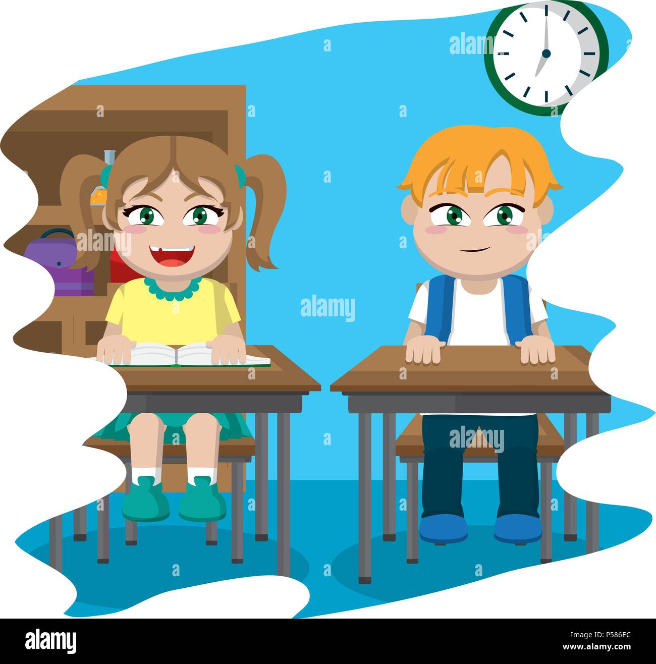 Girl And Boy Students Sitting Desk Vector Illustration Stock