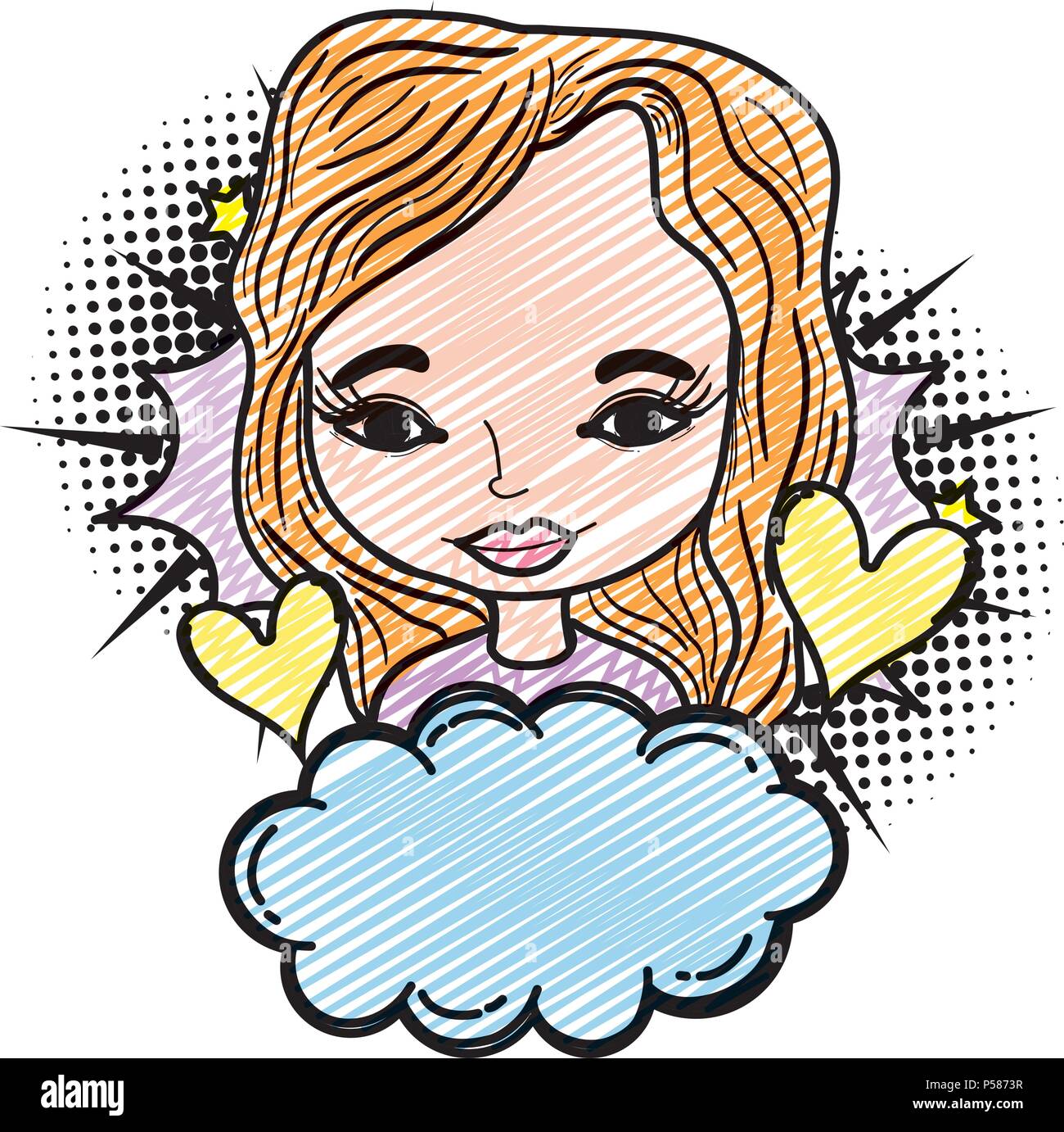 doodle woman with hearts symbol and fluffy cloud vector illustration ...