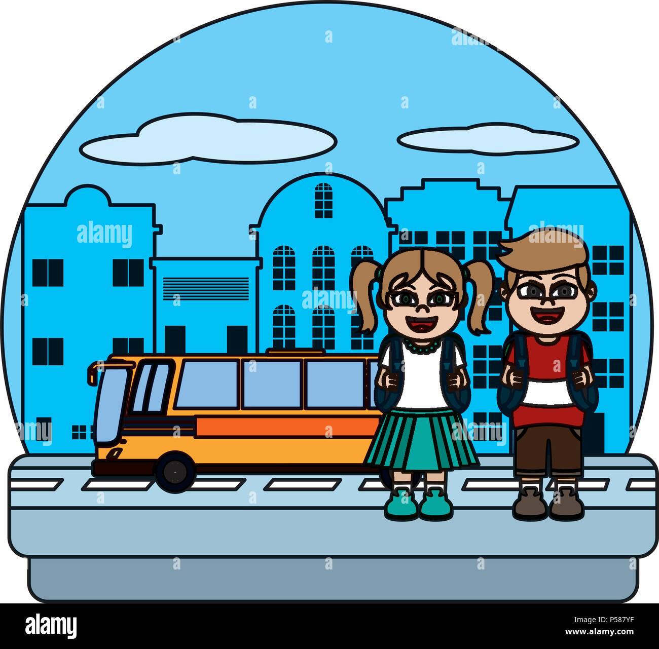color girl and boy with school bus in the city vector illustration ...
