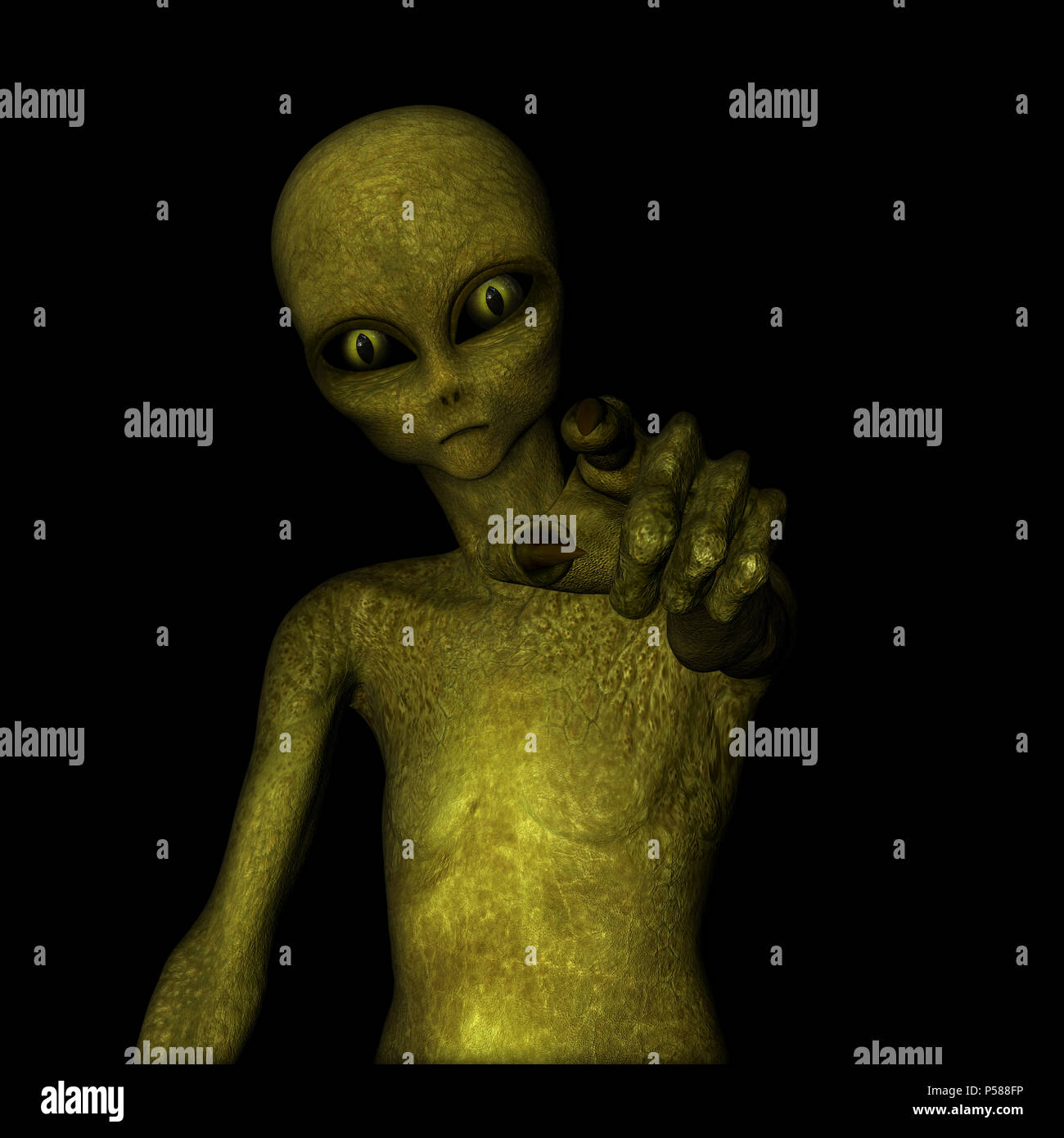 3D render of an evil looking green alien pointing finger Stock Photo ...