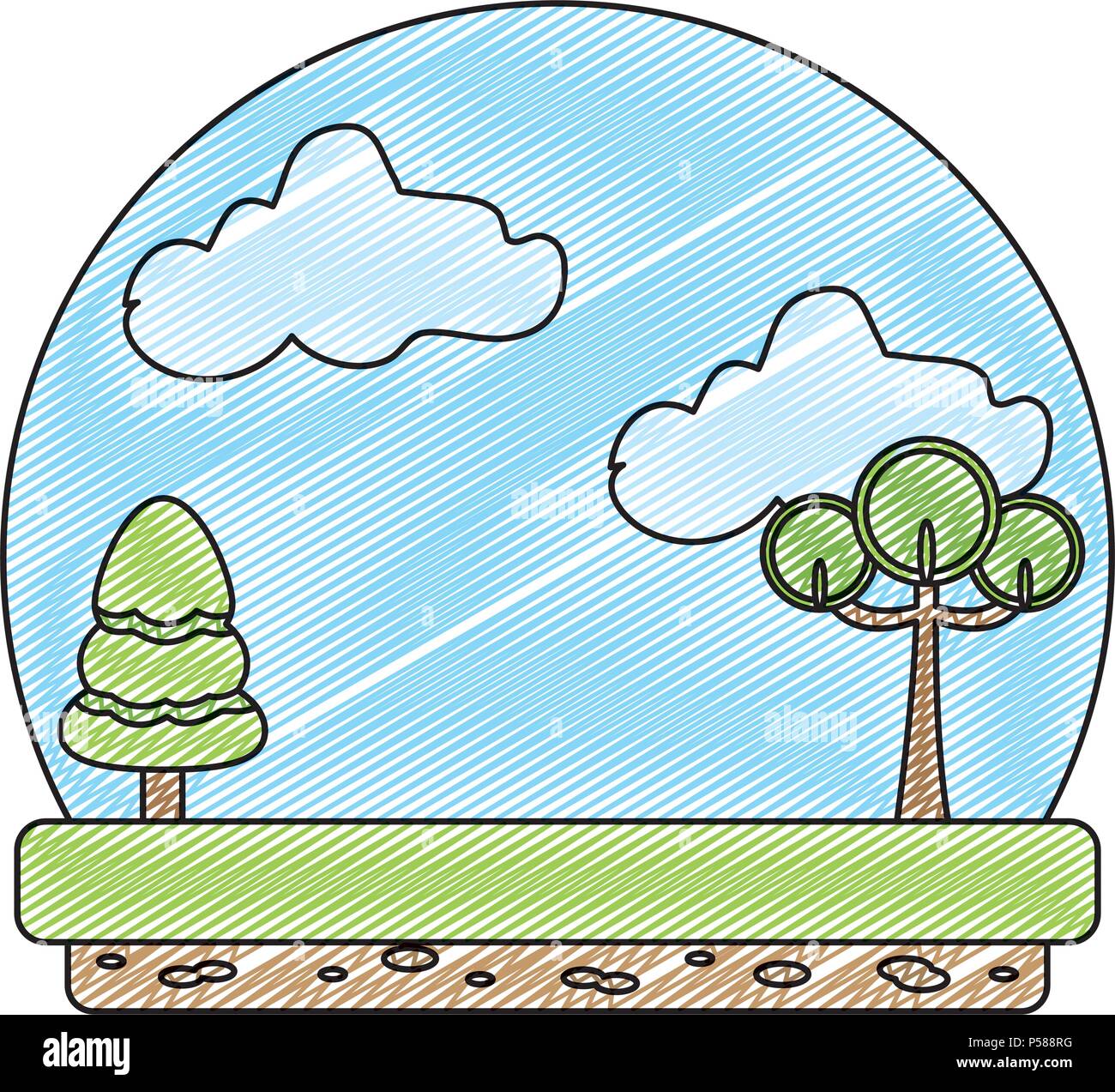 doodle nature landscape with trees and fluffy clouds vector ...