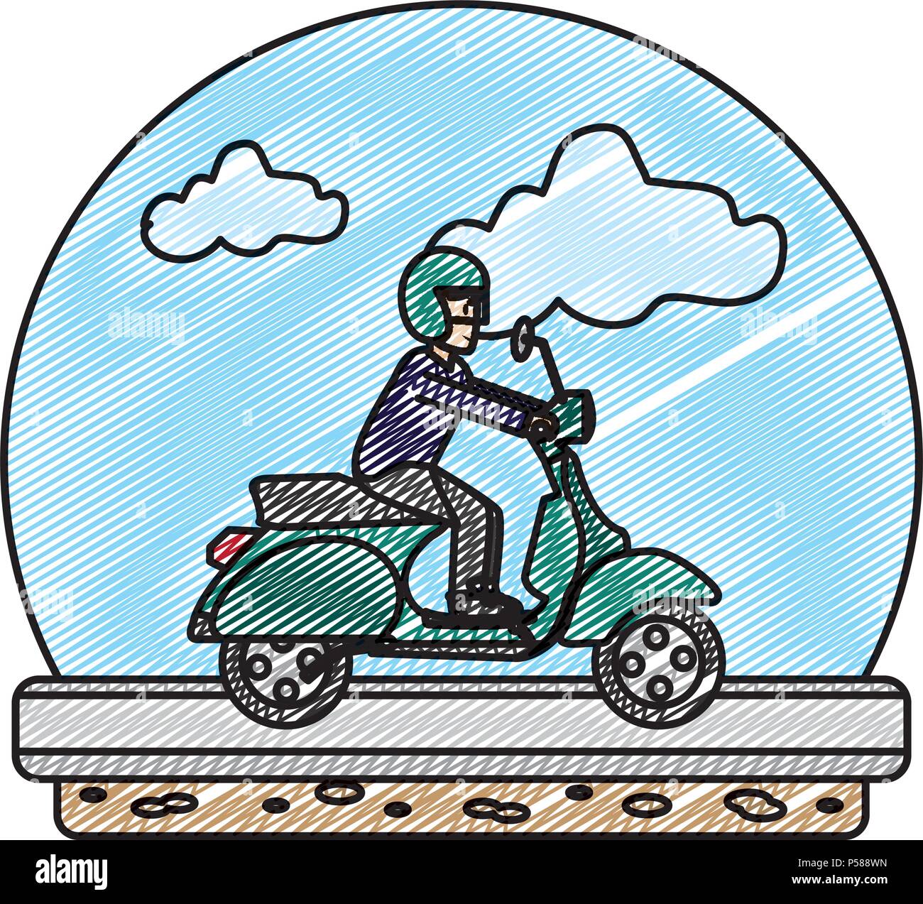 doodle man riding motorcycle transport in the road vector illustration Stock Vector