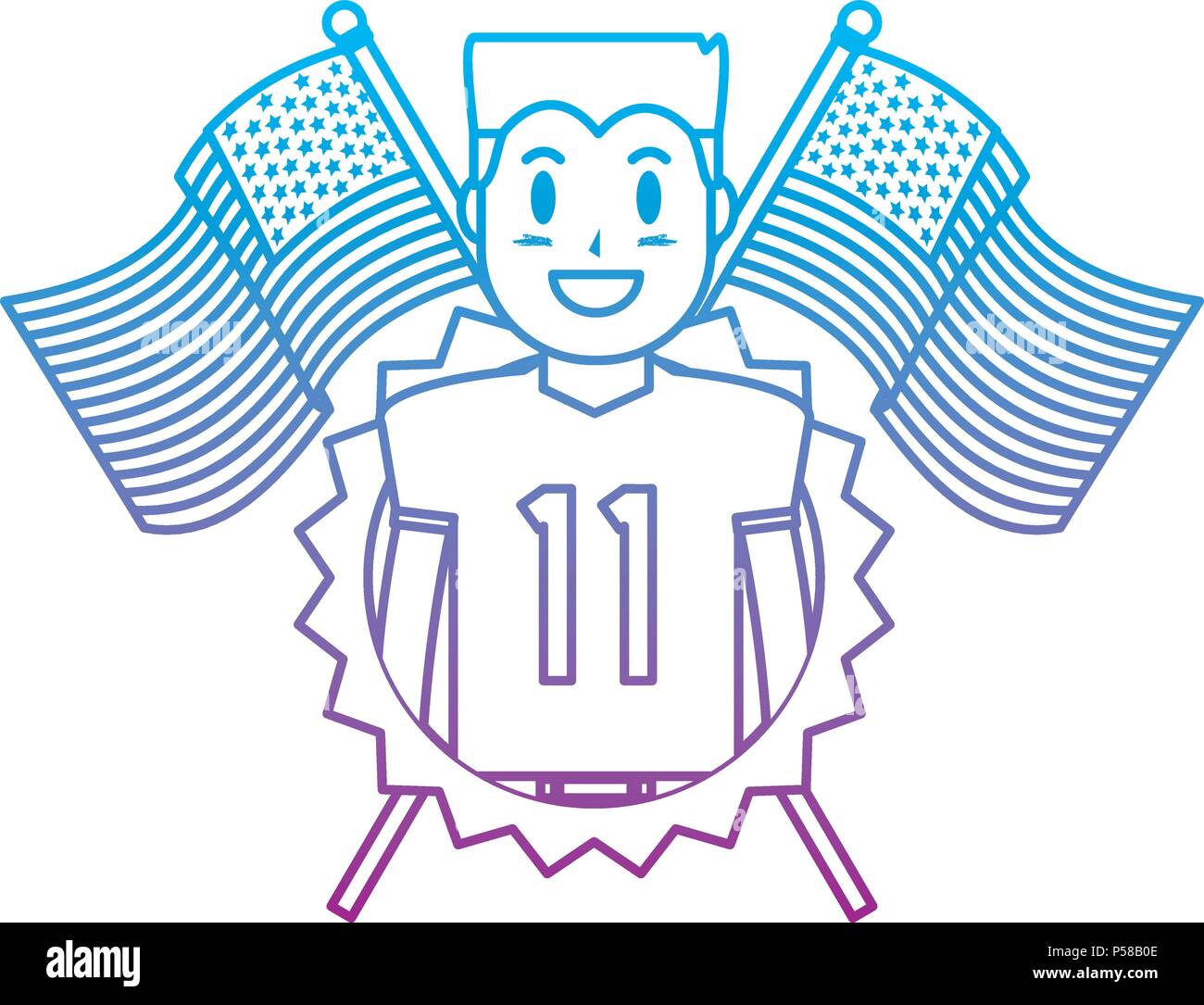 degraded line football player with patriotic usa flags and emblem vector illustration Stock Vector