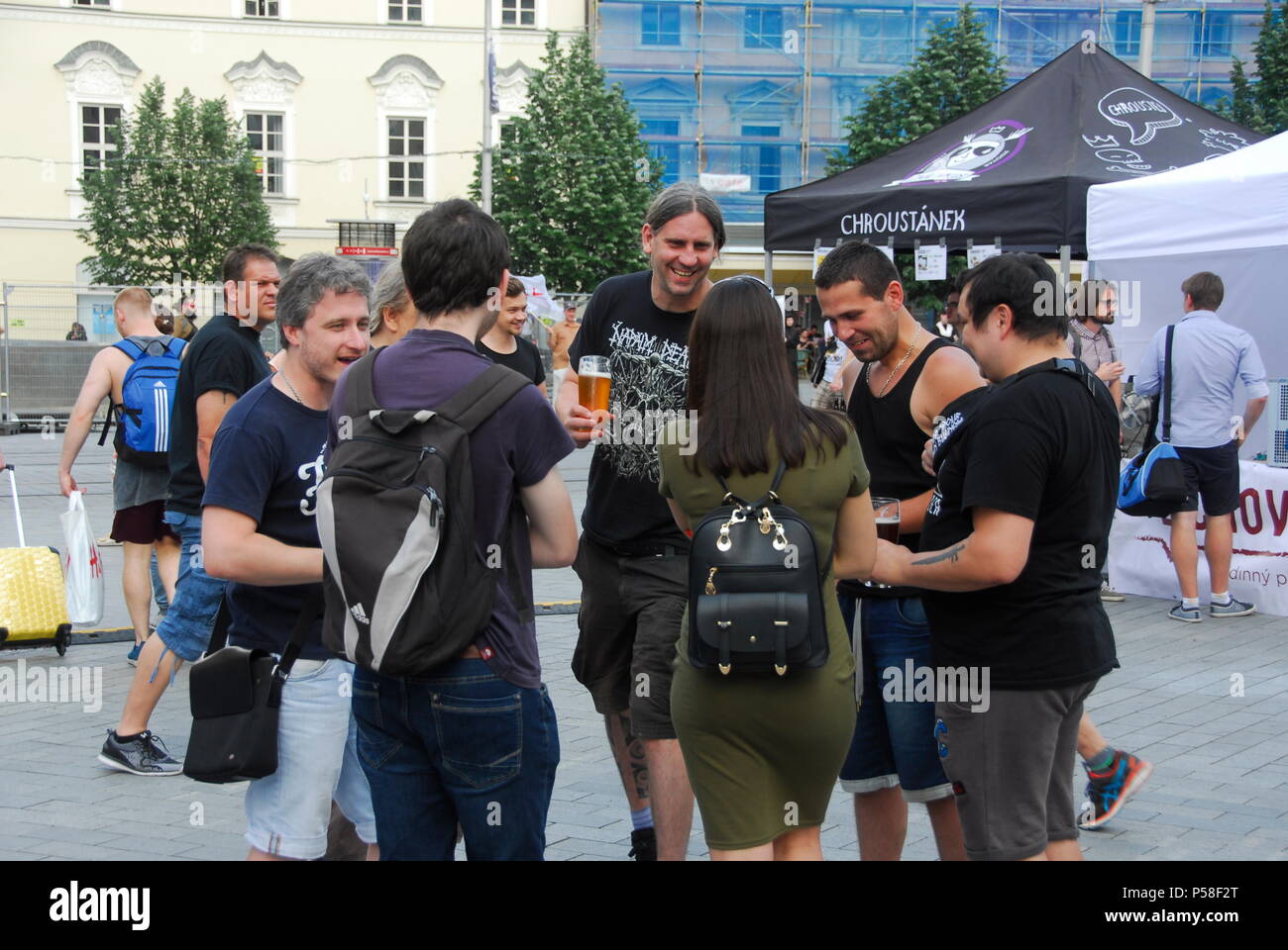 Beer drinkers enjoying themselves at Food and Beer festival on Masarykova Street in Old Brno, South Moravia, Czech Republic Stock Photo
