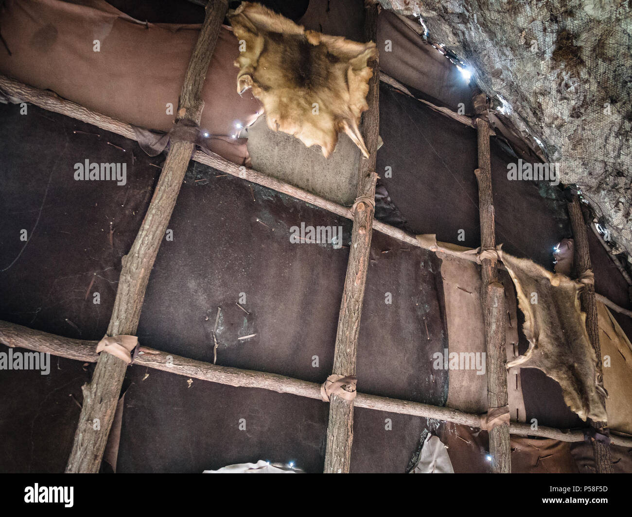 Detail of animal skins hanging on the walls of a prehistoric cave Stock