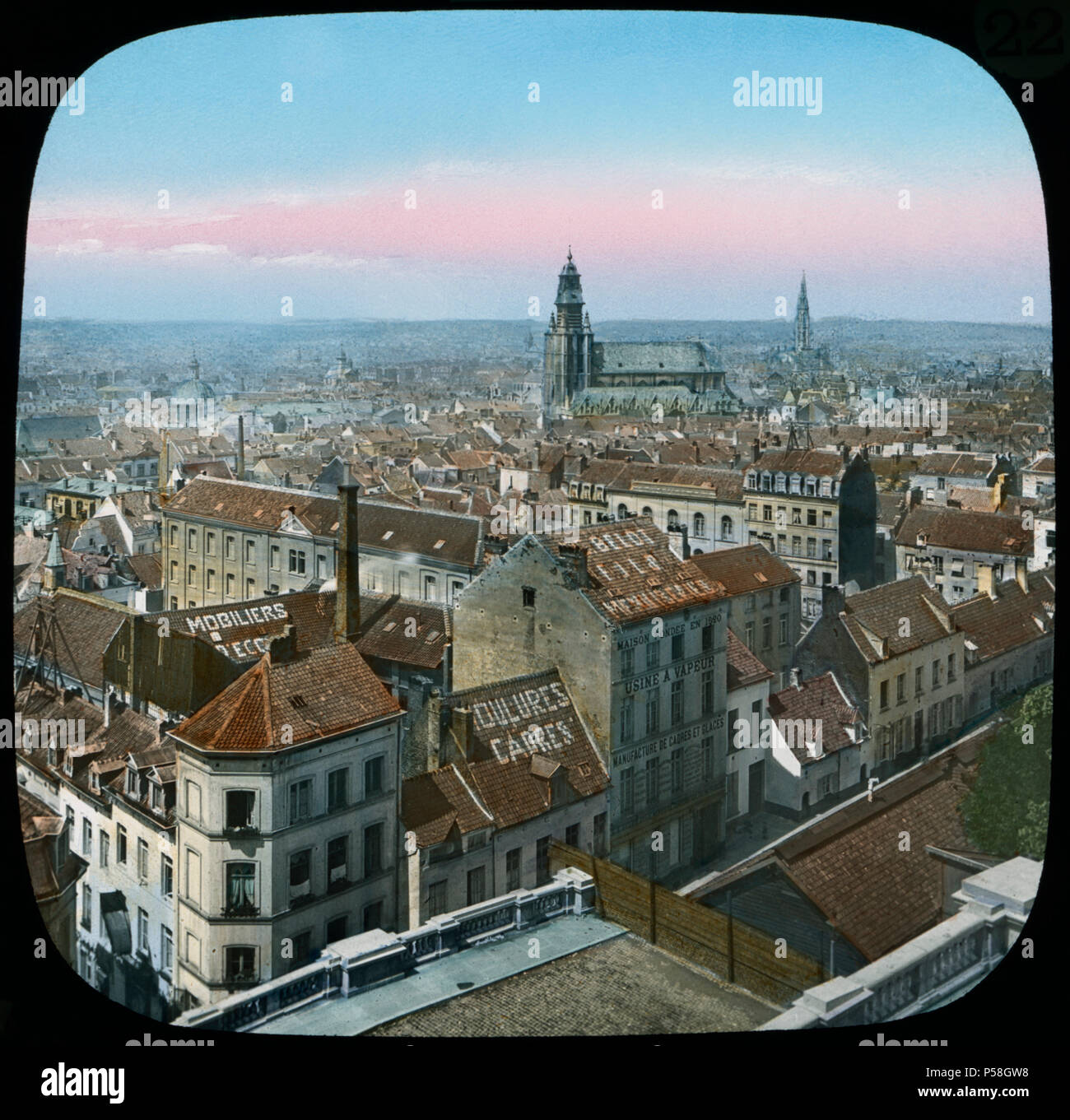 Cityscape, Brussels, Belgium, Hand-Colored Magic Lantern Slide, Newton & Company, 1915 Stock Photo