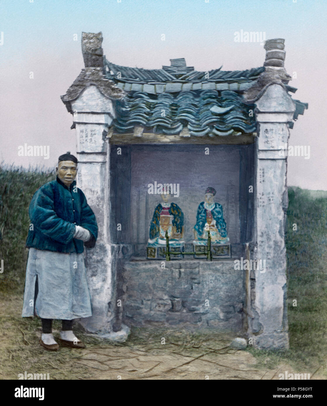 Village Shrine, Western China, Hand-Colored Magic Lantern Slide, Newton & Company, 1920 Stock Photo