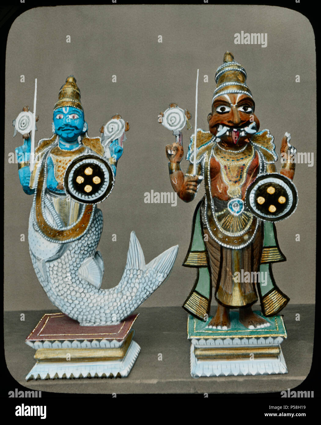 Incarnations of Krishna, India, Hand-Colored Magic Lantern Slide, Newton & Company, 1925 Stock Photo