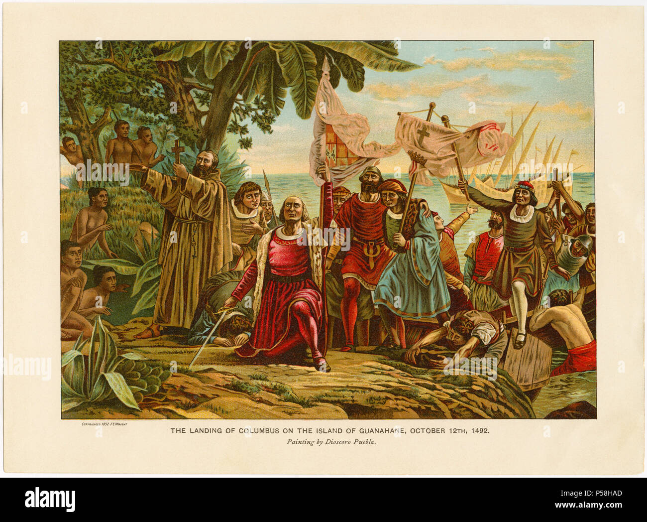 The Landing of Columbus on the Island of Guanahane, October 12, 1492, Chromolithograph from a Painting by Dioscoro Puebla, 1892 Stock Photo