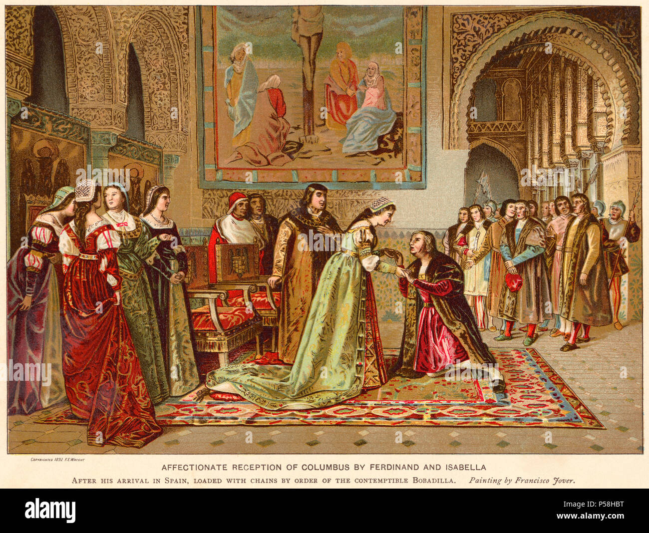 Affectionate Reception of Columbus by Ferdinand and Isabella after his Arrival in Spain, Loaded with Chains by Order of theContemptible Bobadilla, Chromolithograph from a Painting by Francisco Jover, 1892 Stock Photo