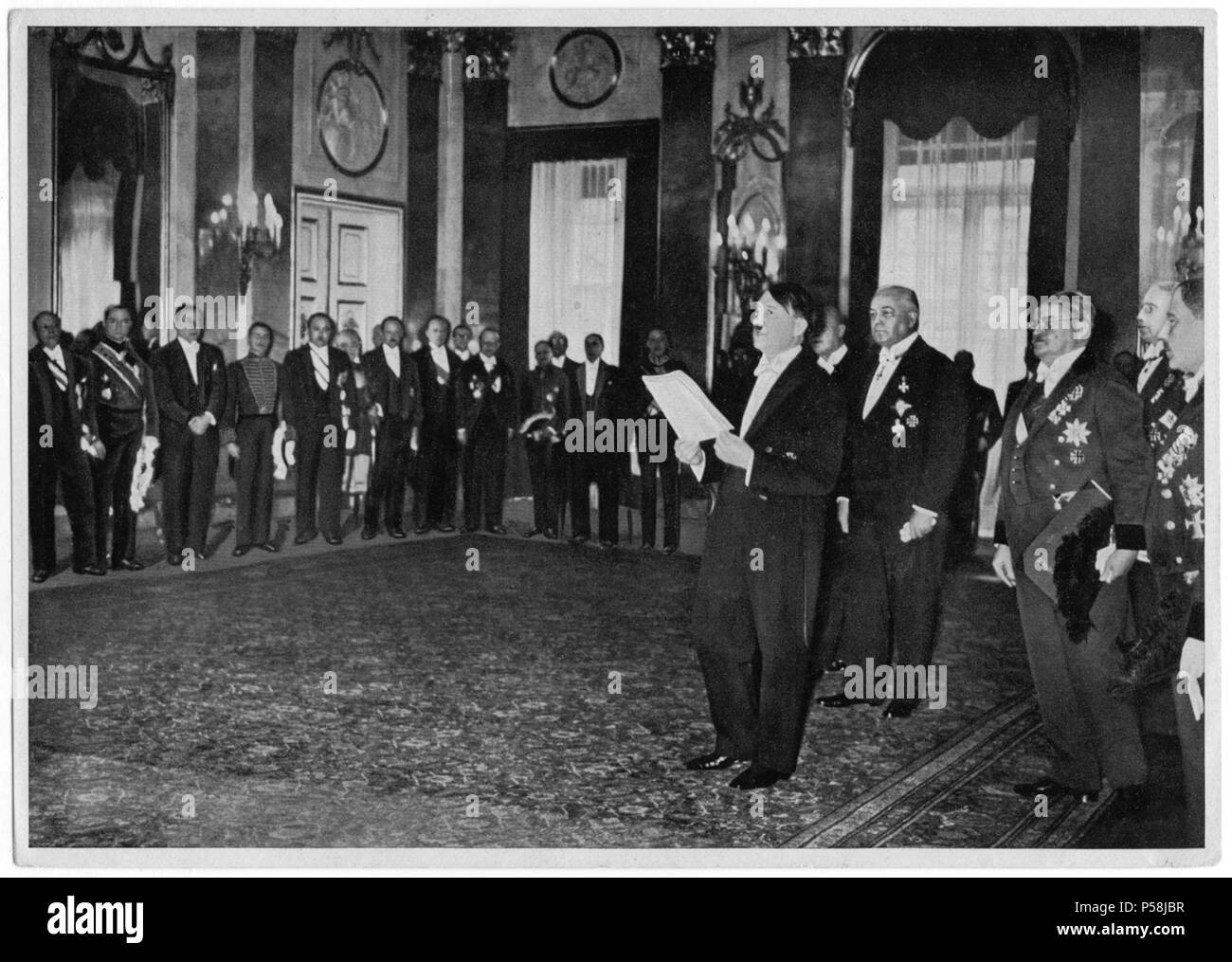 Adolf Hitler giving Speech during New Year's Receptioin of Diplomatic Corps, Germany, 1934 Stock Photo