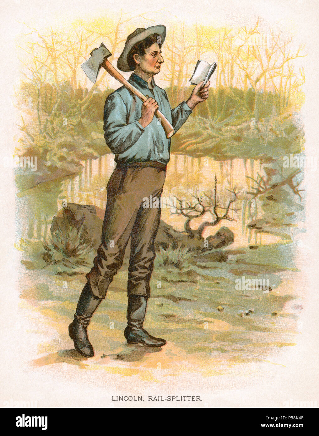 Abraham Lincoln, Holding Ax and Reading Book, from the Book, 'True Stories of Great Americans for Young Americans', 1897 Stock Photo