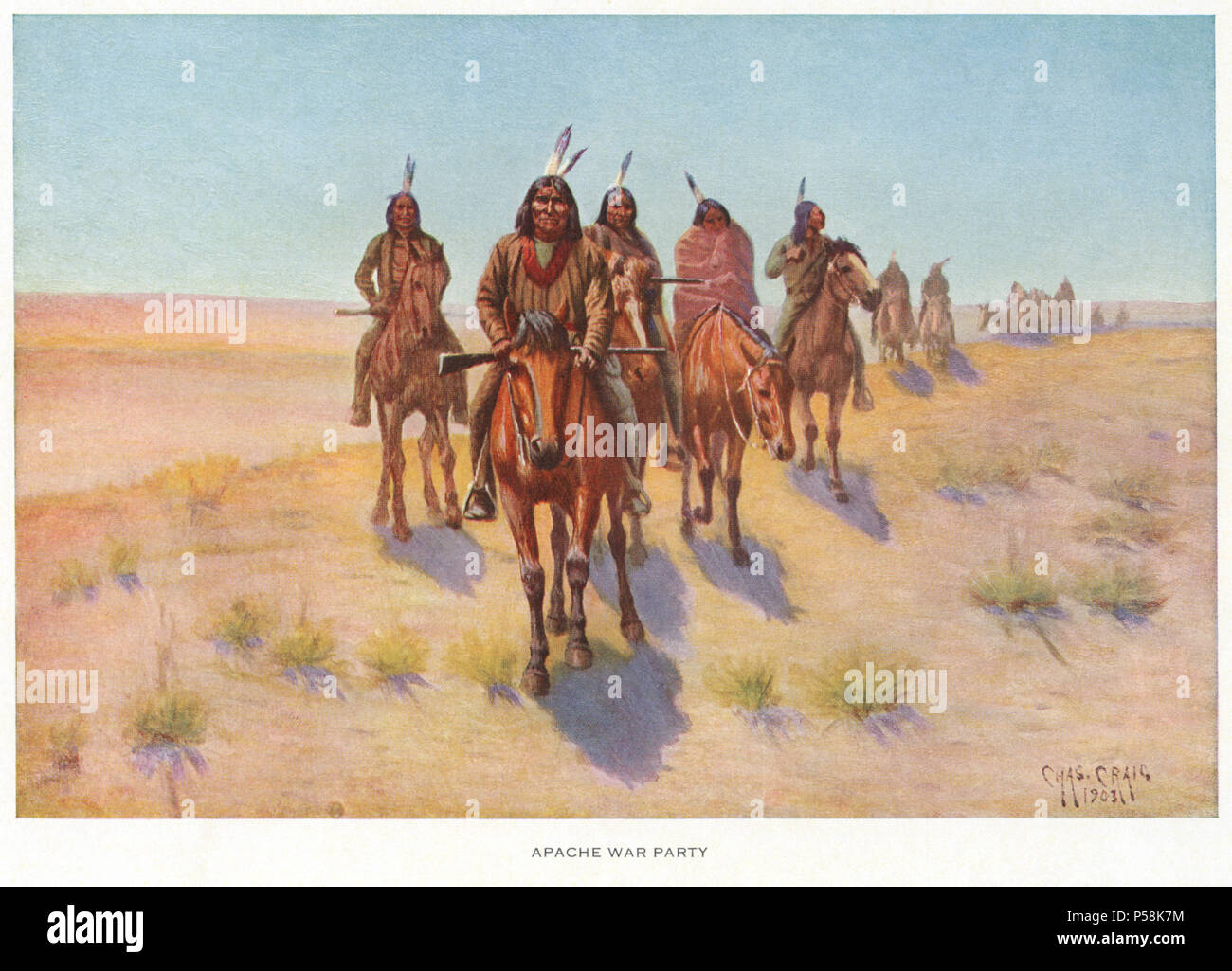 Apache War Party, Lithograph, Charles Craig, 1903 Stock Photo