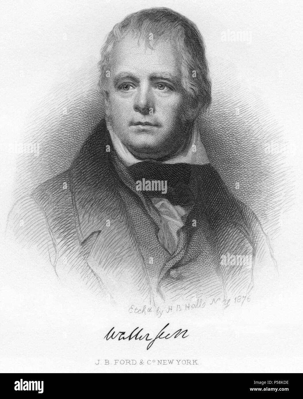 Sir Walter Scott (1771-1832), Scottish Historical Novelist, Playwright and Poet, Head and Shoulders Portrait, Etching by H.B. Hall, 1876 Stock Photo