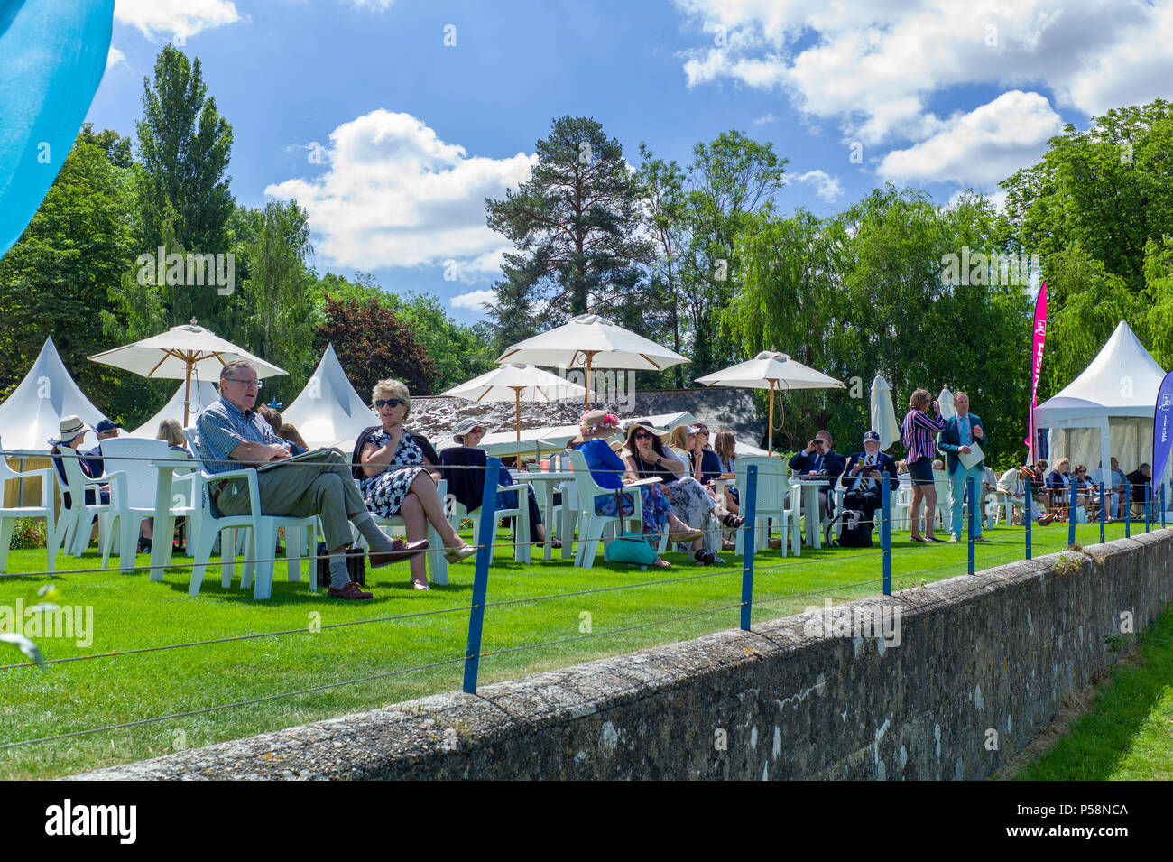 Henley on Thames, United Kingdom, 22nd June 2018, Friday,   'Henley Women's Regatta',  view, Spectators and Members, relax on Remenham Club Lawn, Henley Reach, River Thames, England, © Peter SPURRIER, Stock Photo
