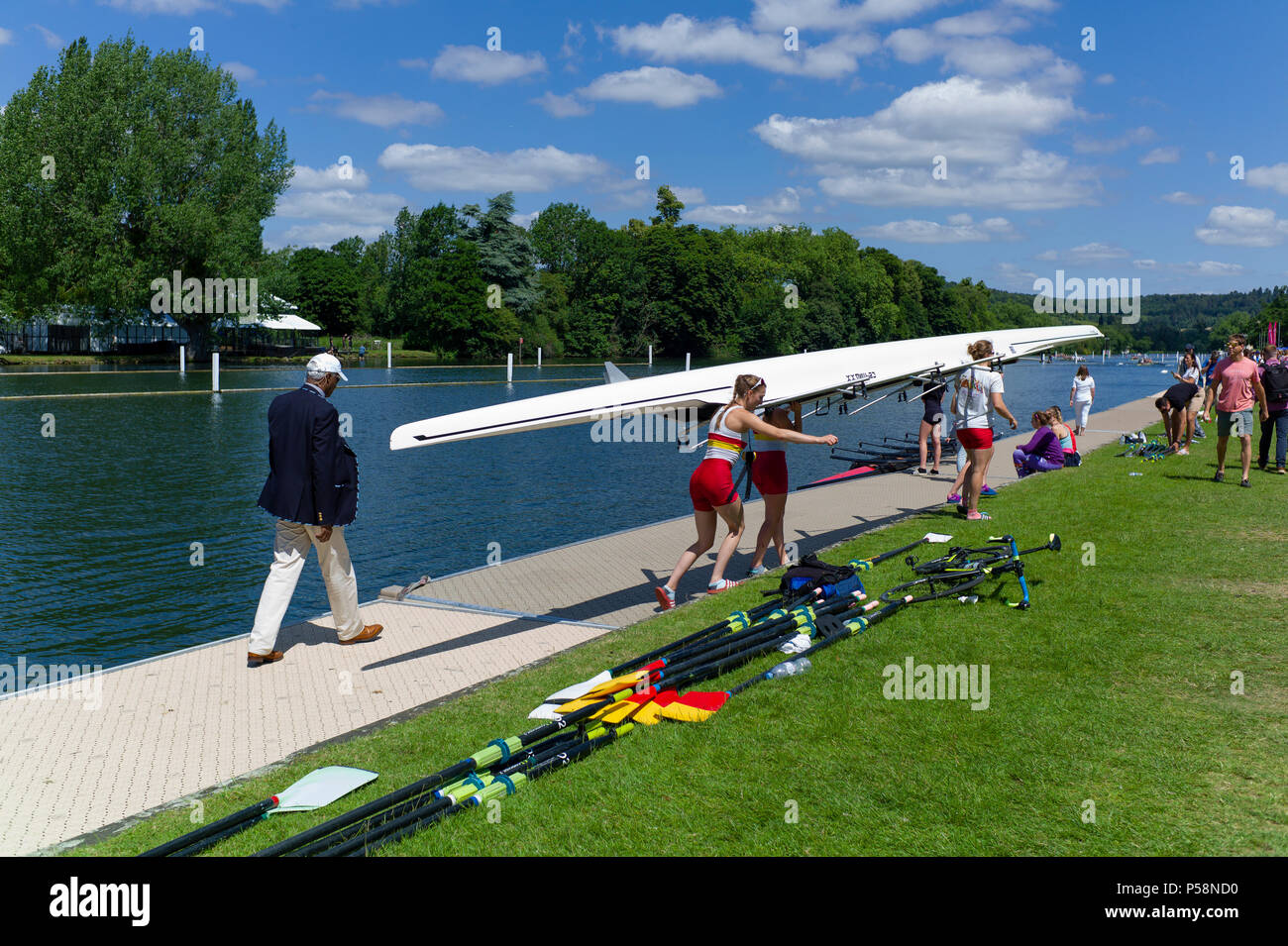 Henley on Thames, United Kingdom, 22nd June 2018, Friday,   'Henley Women's Regatta',  General view,  Competitors, Rowing-Sculling, Training, Henley Reach, Thames Valley,  River Thames, England, © Peter SPURRIER, Stock Photo
