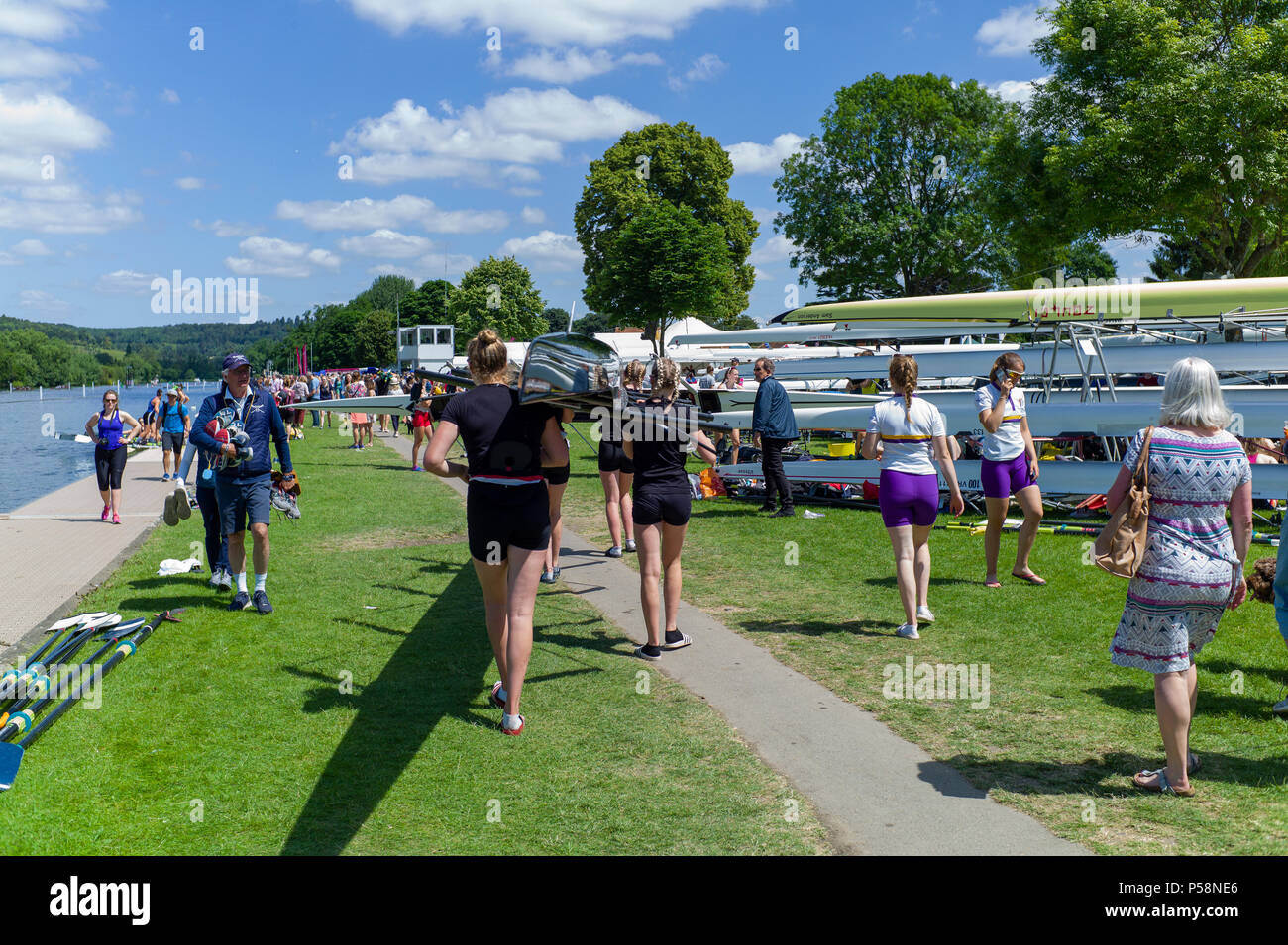 Henley on Thames, United Kingdom, 22nd June 2018, Friday,   'Henley Women's Regatta',  General view,  Competitors, Rowing-Sculling, Training, Henley R Stock Photo