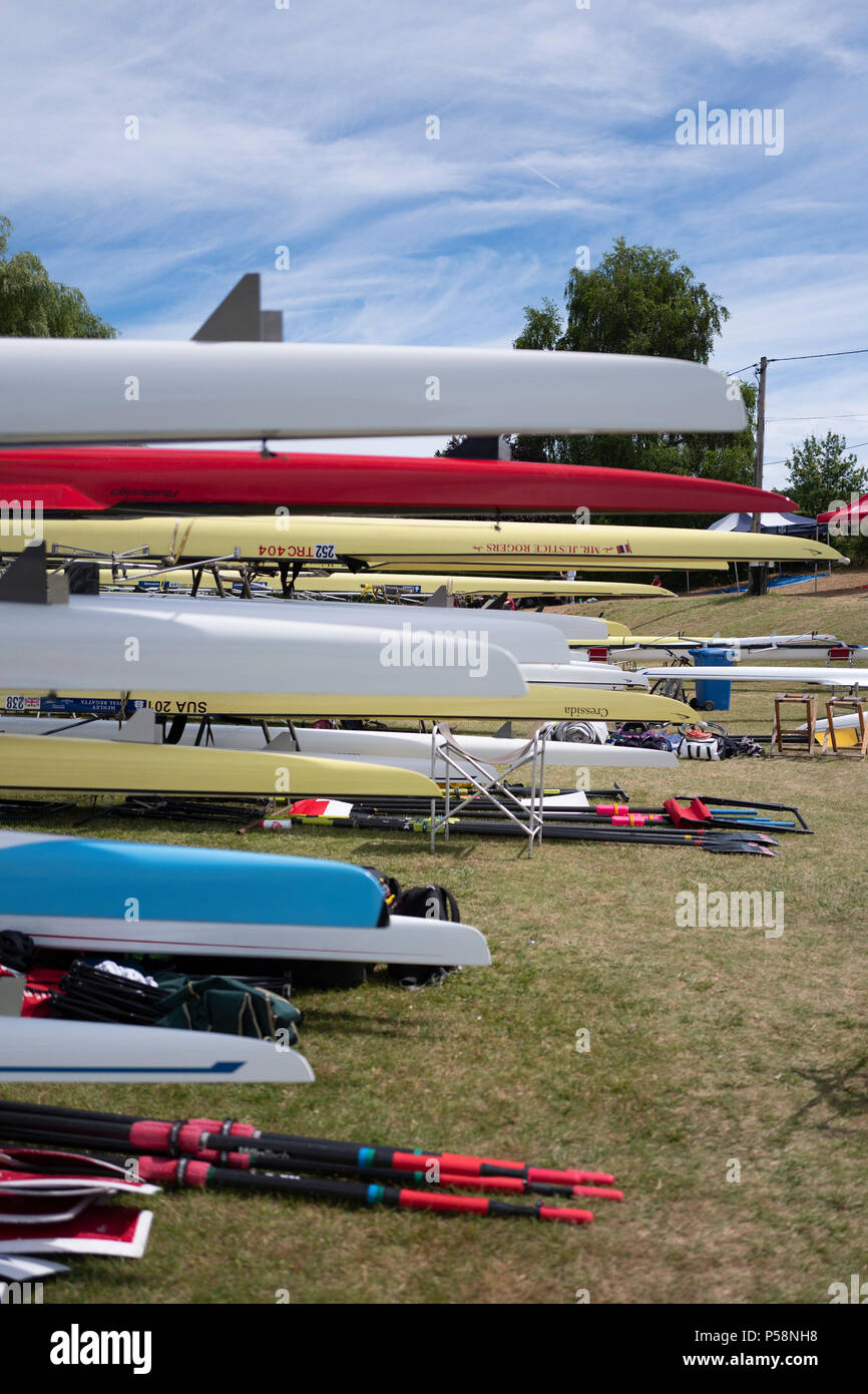 Henley on Thames, United Kingdom, 23rd June 2018, Saturday,   'Henley Women's Regatta',  view, Various Rowing Boats racked and stored on Fawley Meadow Stock Photo