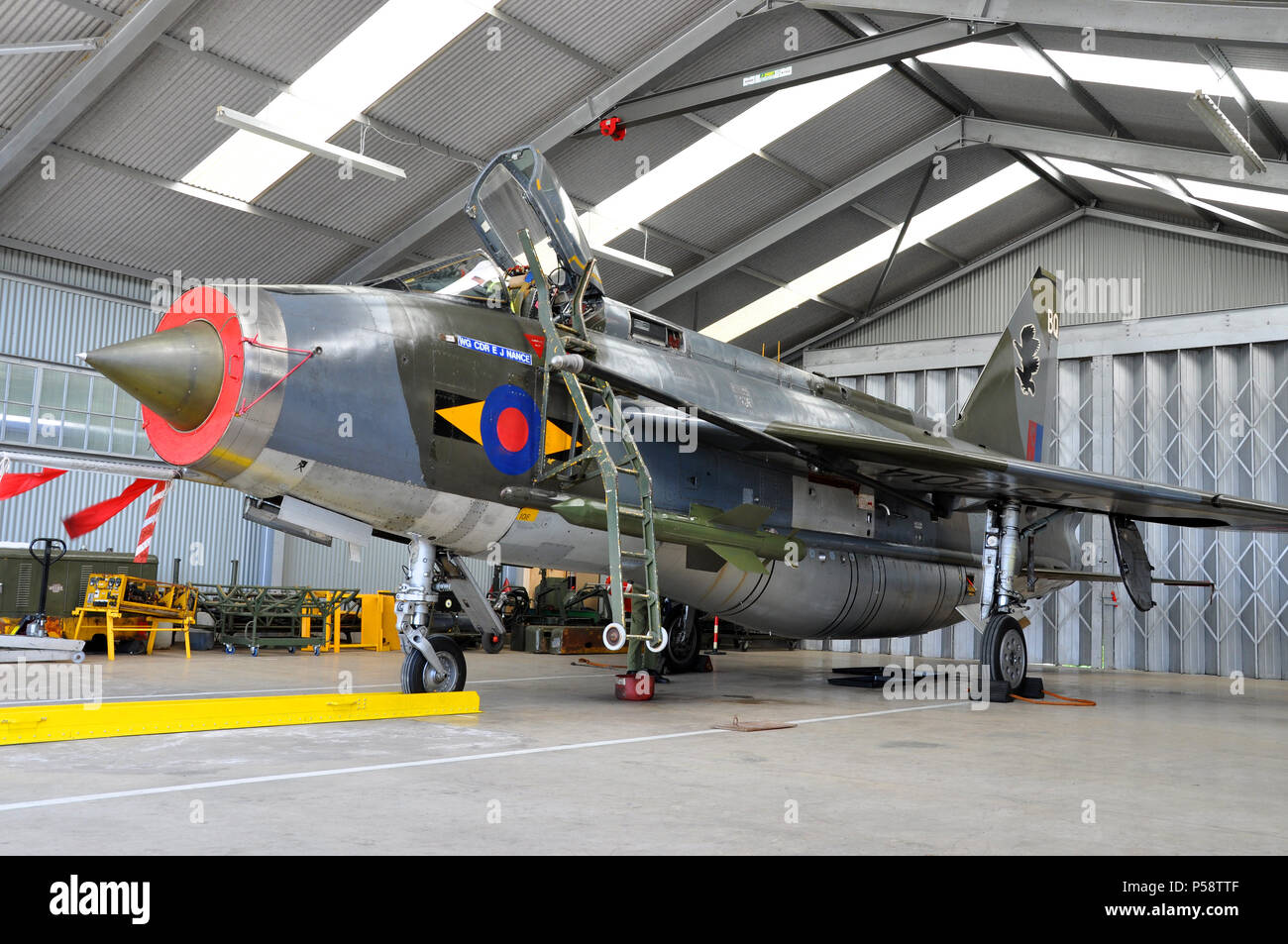 English Electric Lightning jet plane fighter. Demobilised RAF, Royal Air Force Cold War aircraft. At Bruntingthorpe with Lightning Preservation Group Stock Photo