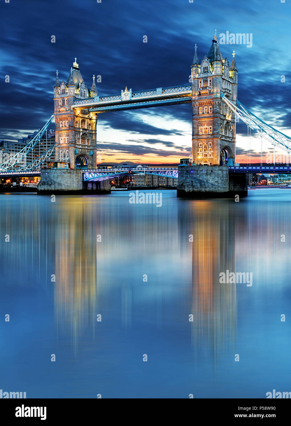 Tower Bridge in London, UK, by night Stock Photo