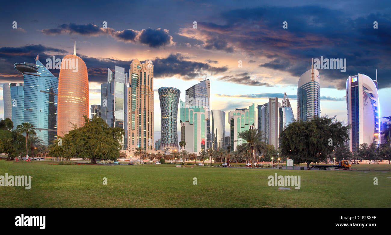 Skyline of modern city of Doha in Qatar, Middle East. - Doha's Corniche in West Bay, Doha, Qatar Stock Photo