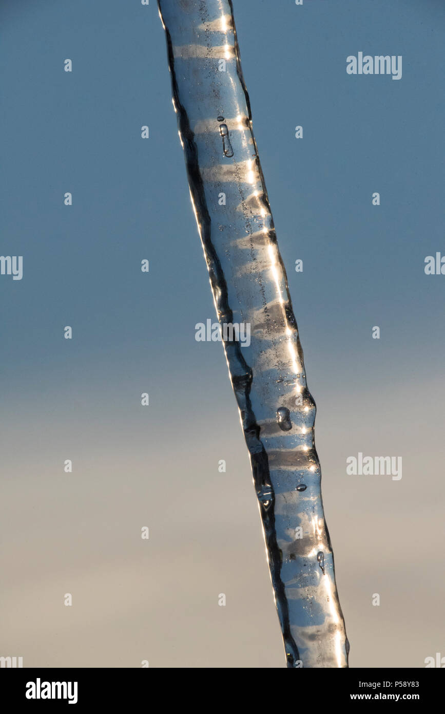 Vertical closeup of long, slender icicle with backdrop of blue sky and light, high cloud. Able to see banding and textures in the icicle. Stock Photo