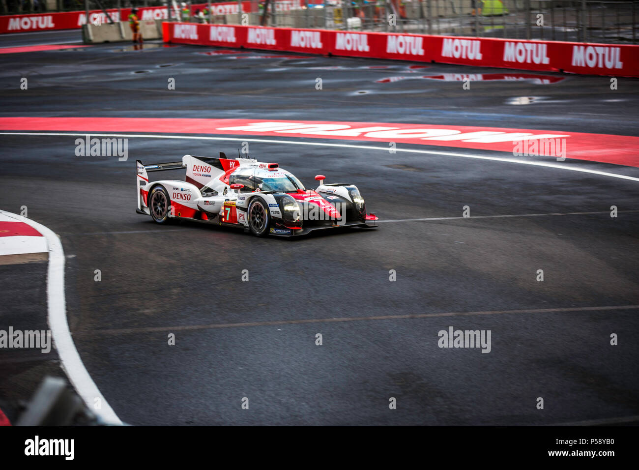 Mexico City, Mexico – September 01, 2017: Autodromo Hermanos Rodriguez. 6hrs of Mexico, FIA WEC. TOYOTA GAZOO RACING driver´s Mike Conway, Kamui Kobayashi or Jose Maria Lopez, at the Toyota TS050 Hybrid No. 7, running at the Free Practice I. Stock Photo
