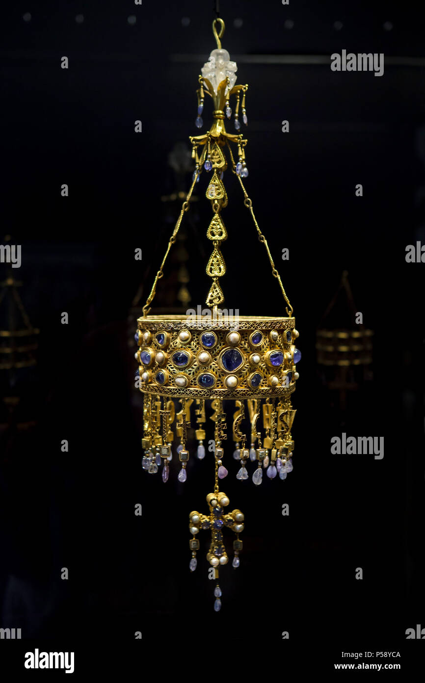 Visigothic votive crown of King Reccesvinth from the Treasure of Guarrazar (Tesoro de Guarrazar) dated from between 621 and 672 AD on display in the National Archaeological Museum (Museo Arqueológico Nacional) in Madrid, Spain. Stock Photo