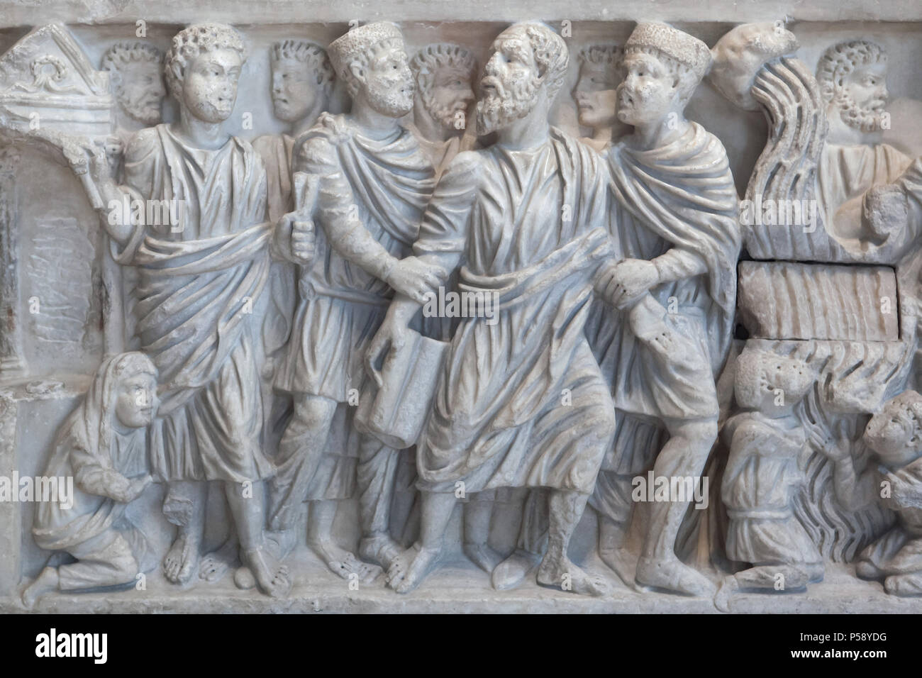 Arrest of Saint Peter. Detail of the Roman marble sarcophagus dated from circa 310 AD from the Astorga Cathedral in León Province on display in the National Archaeological Museum (Museo Arqueológico Nacional) in Madrid, Spain. Stock Photo