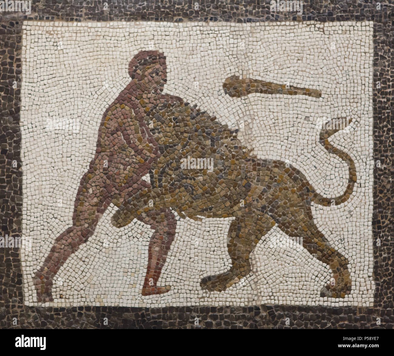 Heracles slaying the Nemean Lion. Labours of Heracles depicted in the Roman mosaic dated from the 3rd century AD from Llíria (Valencia Province, Spain) on display in the National Archaeological Museum (Museo Arqueológico Nacional) in Madrid, Spain. Stock Photo